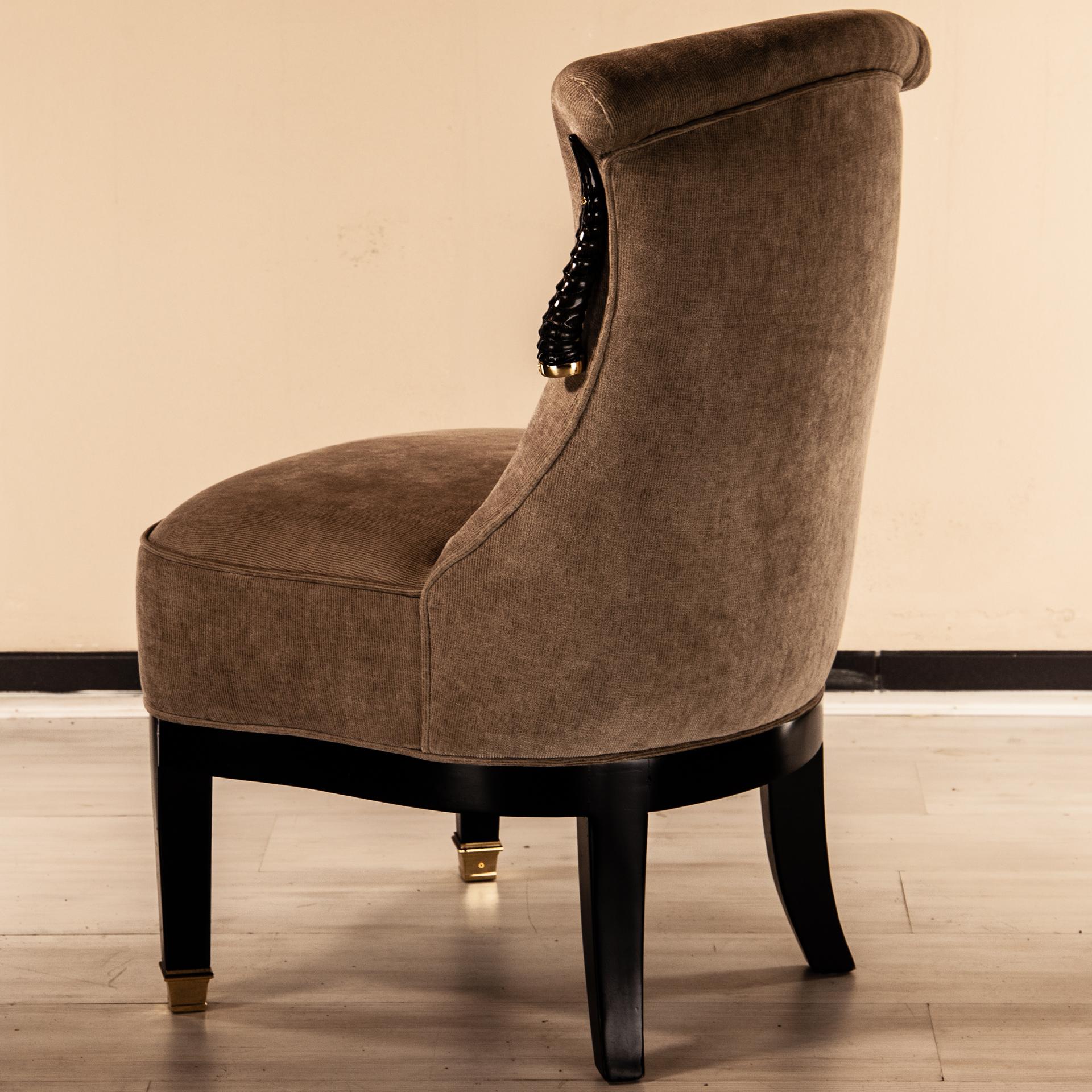 Hand-Crafted Small Upholstered Chair Gazzella, Natural Horn, Solid Brass Finials and Details For Sale