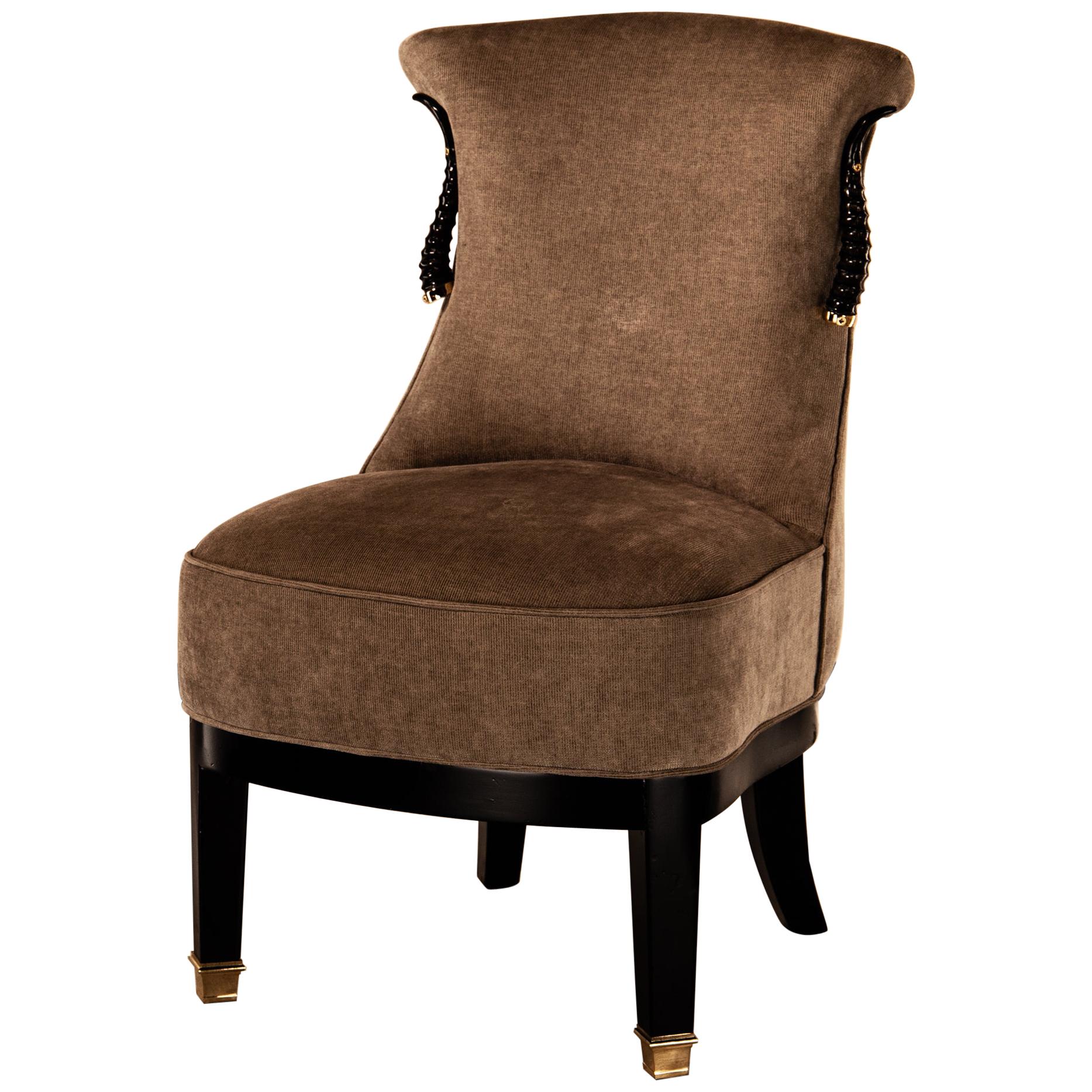 Small Upholstered Chair Gazzella, Natural Horn, Solid Brass Finials and Details For Sale