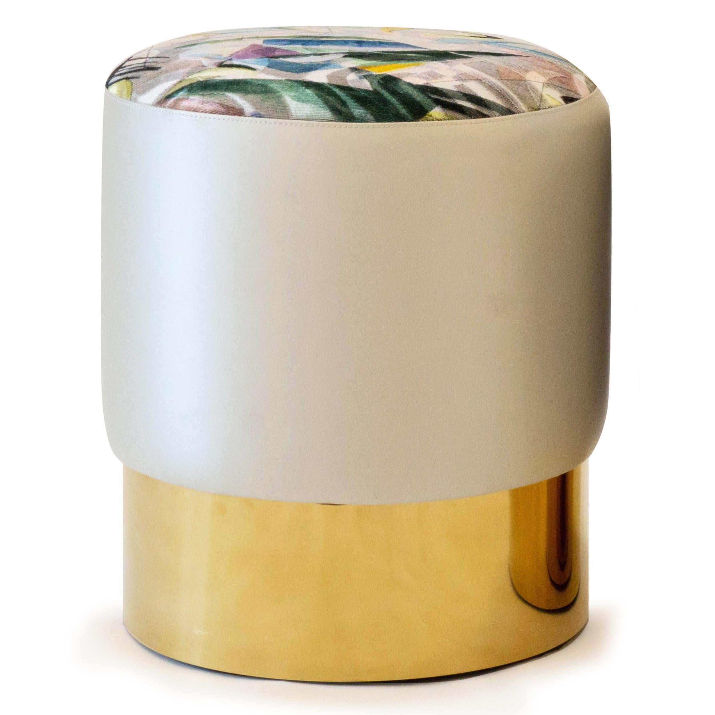 Modern Small Upholstered Ottoman with Brass Base For Sale