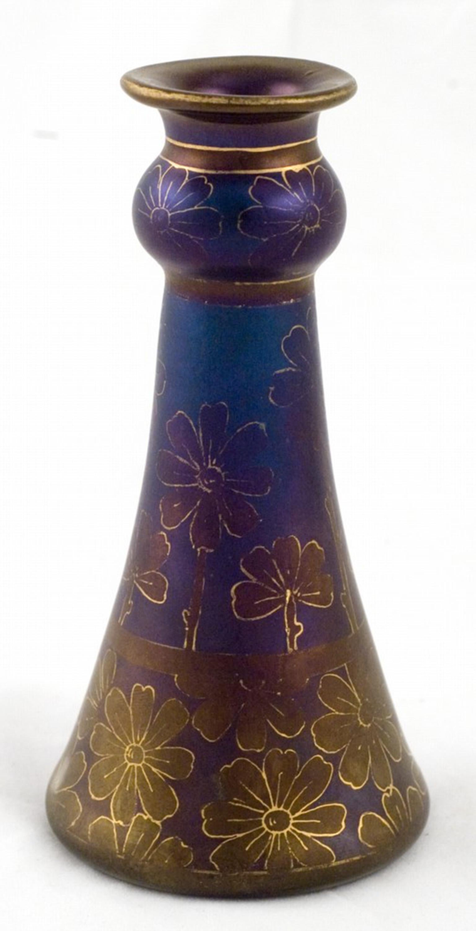 Small Vase Johann Loetz Witwe blue purple flowers freehand and reduced blown glass I/116 decoration colored with etching ink and gold ca. 1900 marked remains of adhesive label

This compelling vase is categorized as a so-called “etched vase”. The
