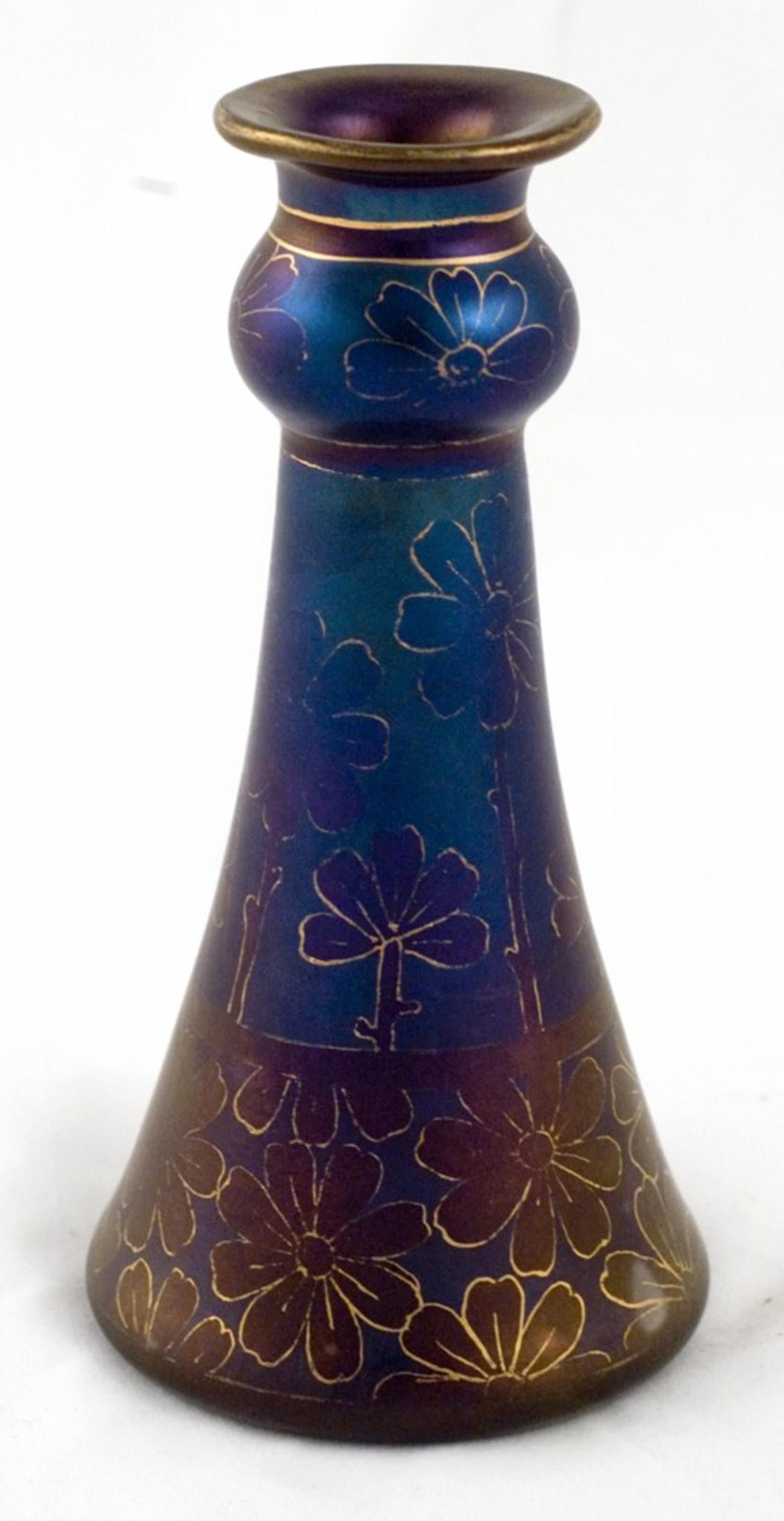 Polished Small Vase Loetz Blue Purple Gold Flowers circa 1900 Austrian Jugendstil For Sale