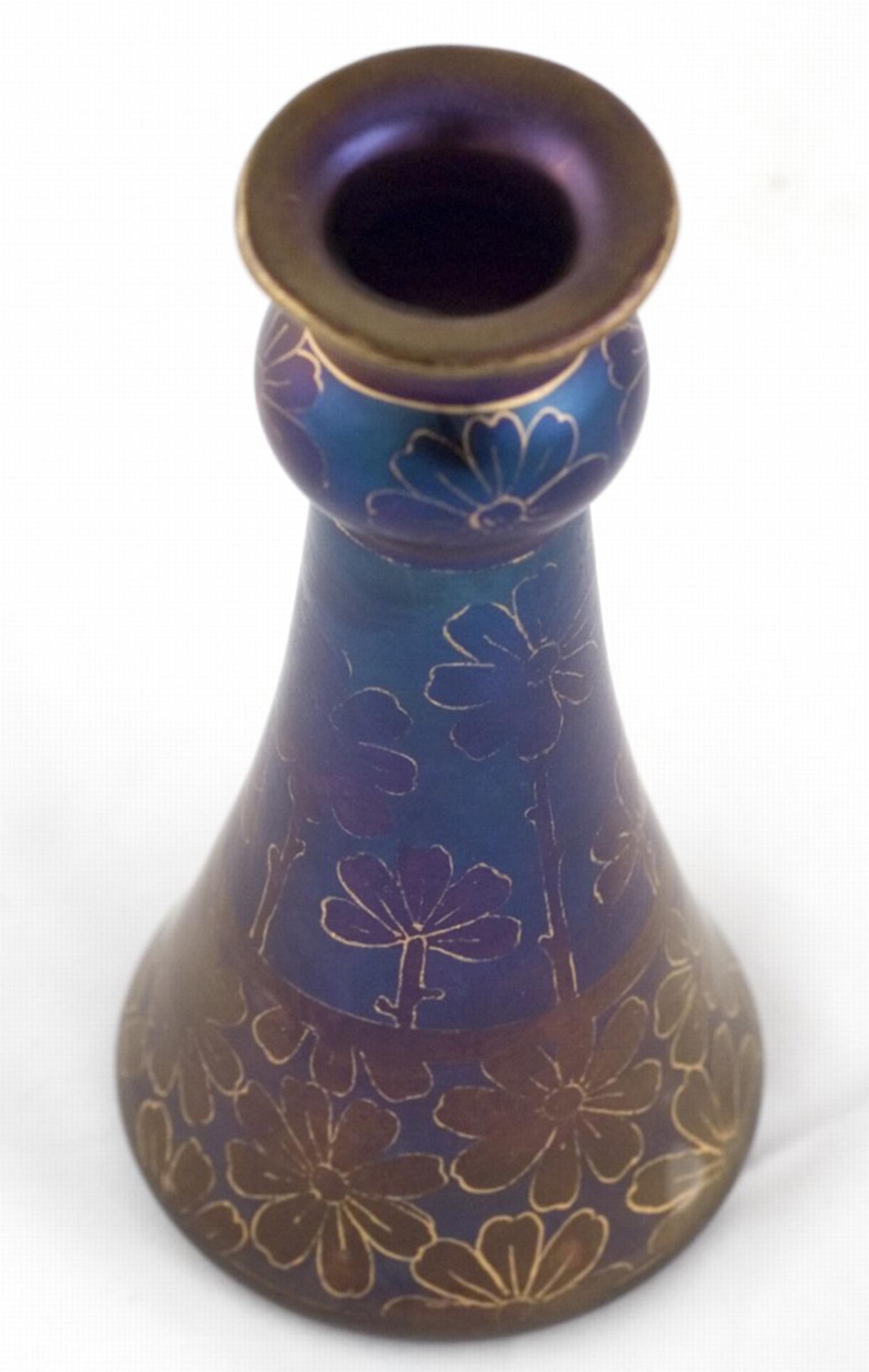 Early 20th Century Small Vase Loetz Blue Purple Gold Flowers circa 1900 Austrian Jugendstil For Sale
