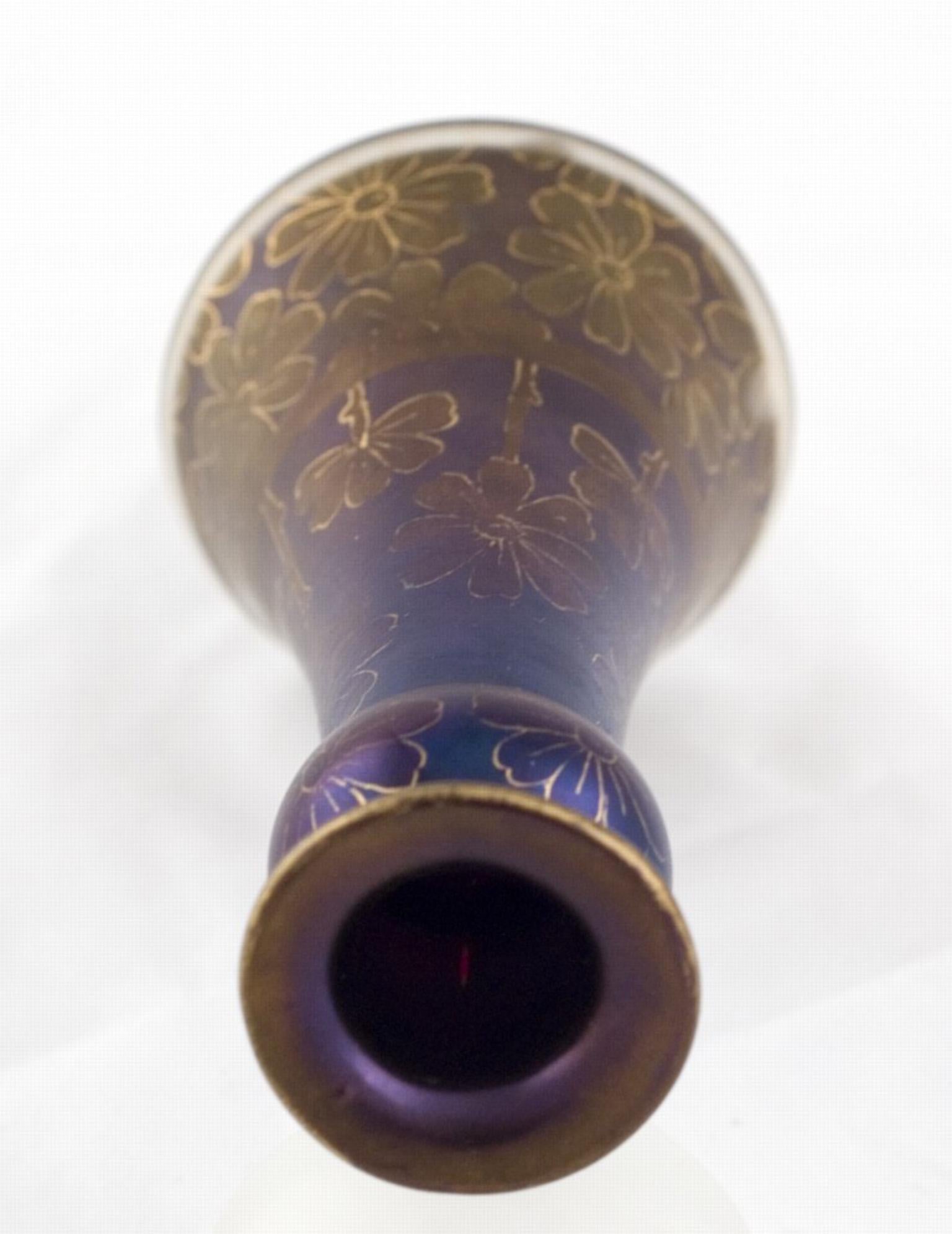 Glass Small Vase Loetz Blue Purple Gold Flowers circa 1900 Austrian Jugendstil For Sale