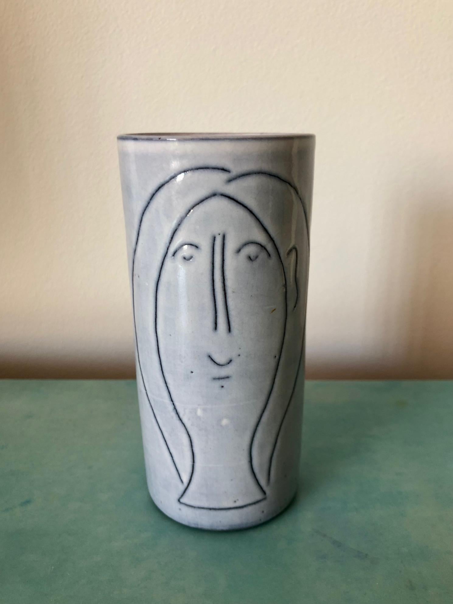 Ceramic Small Vase with 2 Woman's Faces Signed by Jacques Innocenti, 1950s For Sale