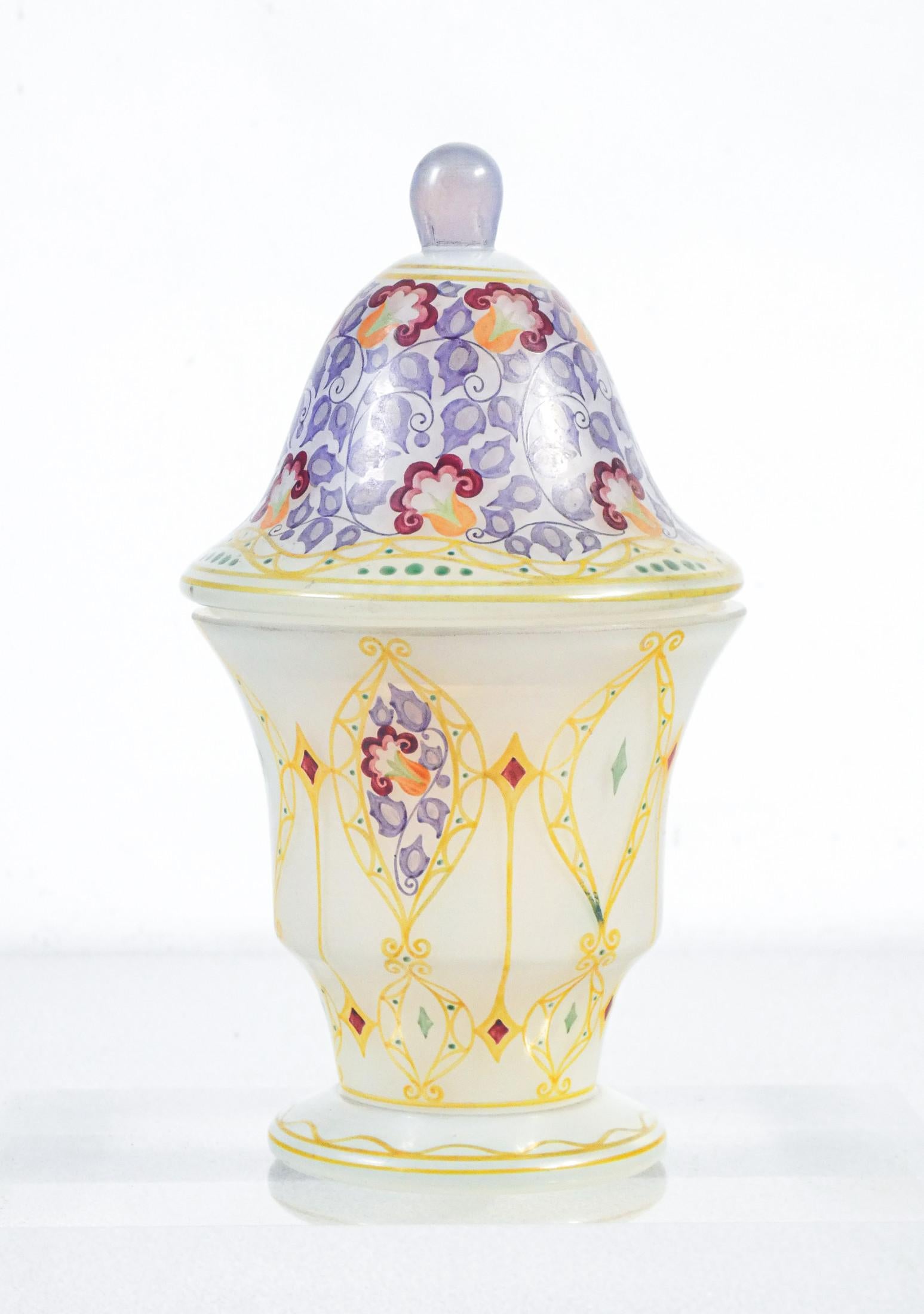 French Small Vase with Lid in Art Nouveau Style, Hand Painted Opal Glass, France, 1900s