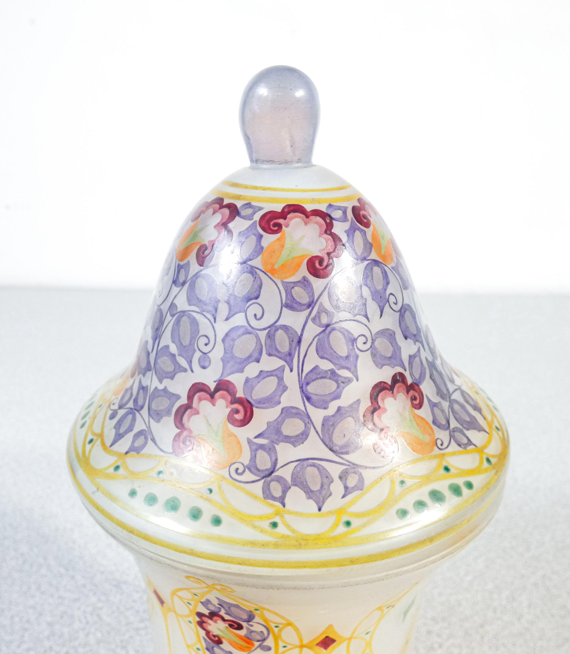 Small Vase with Lid in Art Nouveau Style, Hand Painted Opal Glass, France, 1900s 1
