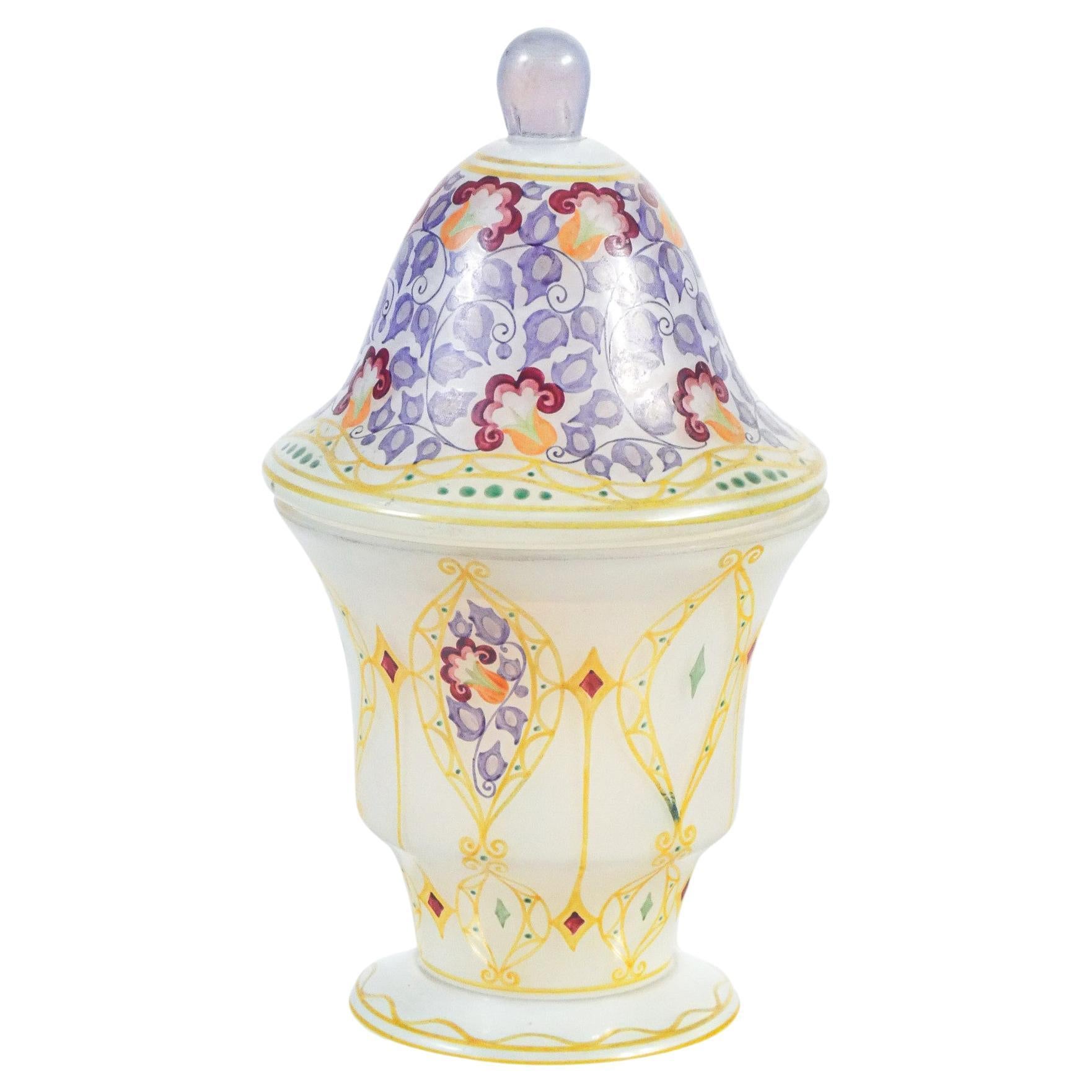 Small Vase with Lid in Art Nouveau Style, Hand Painted Opal Glass, France, 1900s