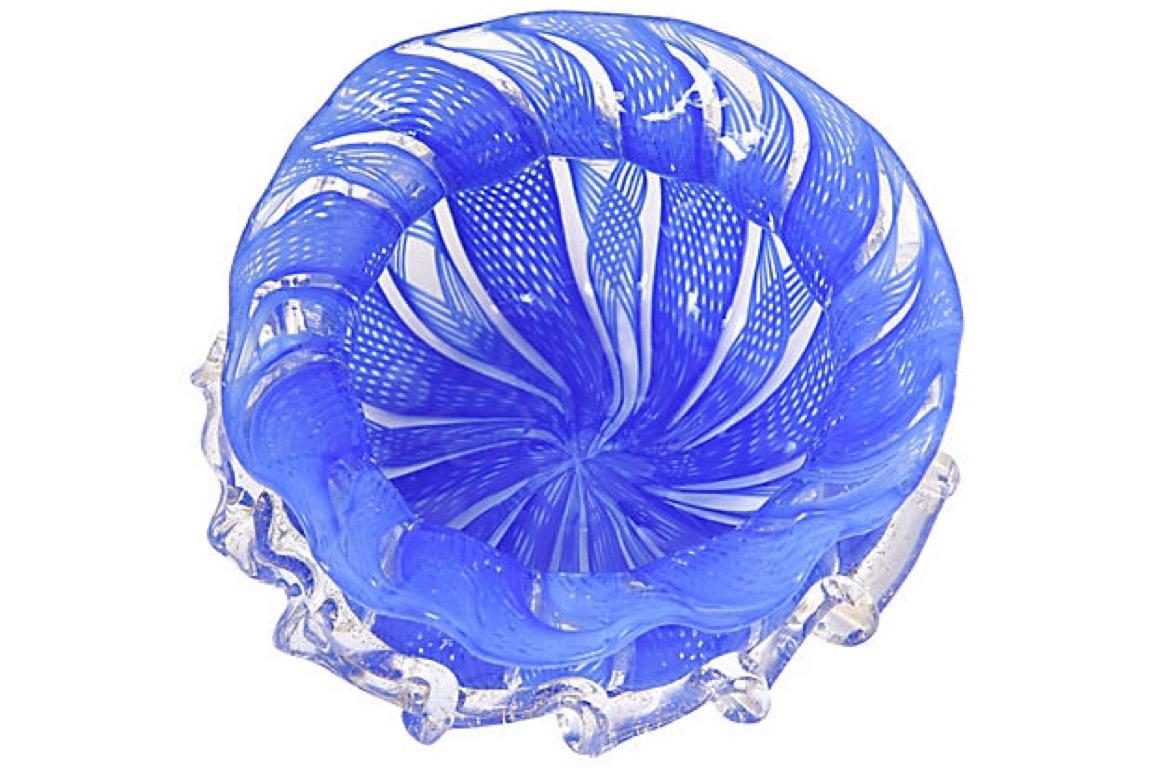20th Century Small Venetian Blue and Clear Lattice Art Glass Bowl