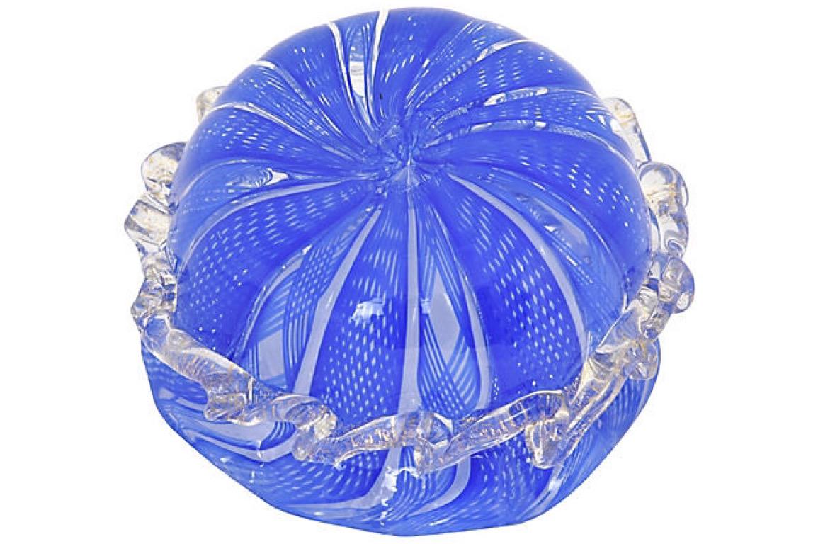 Small Venetian Blue and Clear Lattice Art Glass Bowl 1