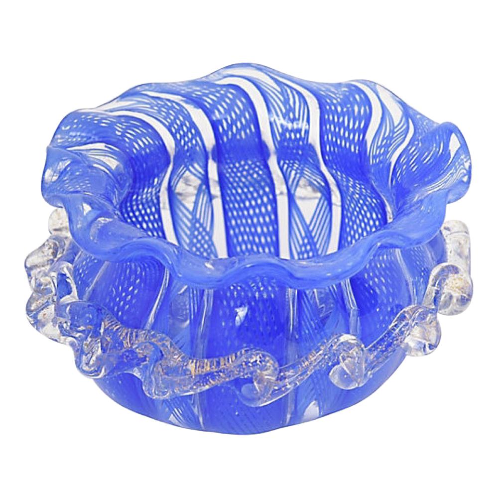 Small Venetian Blue and Clear Lattice Art Glass Bowl
