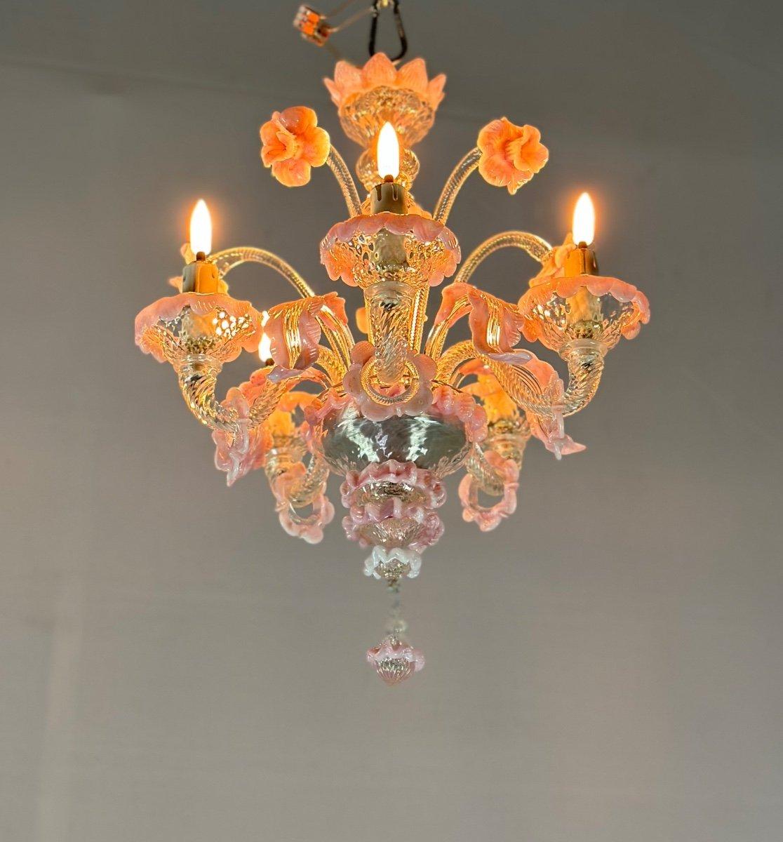 Small Venetian Chandelier In Colorless And Pink Murano Glass 5 Arms 1920 For Sale 5