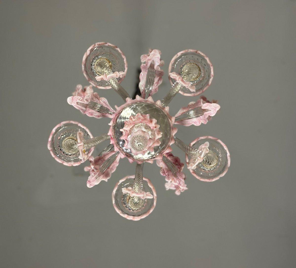 Lustre en verre Murano incolore 8 bras de lumière, nouvelle électrification, trois niveaux de fleurs et de feuilles