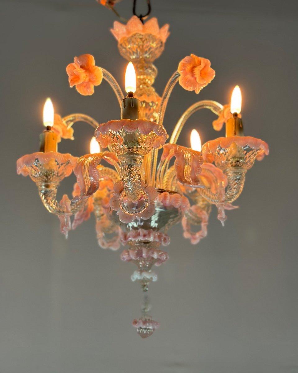 Small Venetian Chandelier In Colorless And Pink Murano Glass 5 Arms 1920 For Sale 1