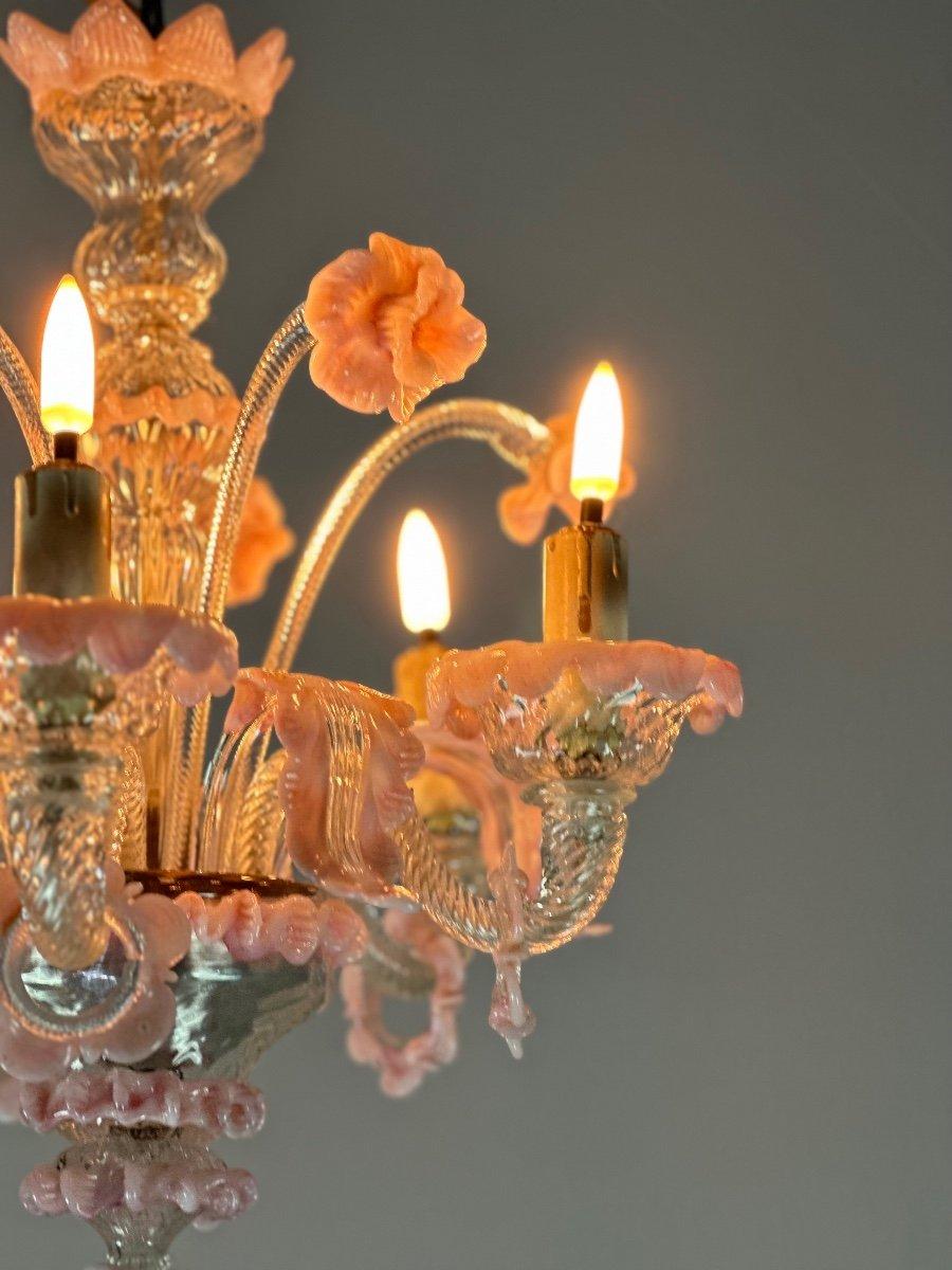 Small Venetian Chandelier In Colorless And Pink Murano Glass 5 Arms 1920 For Sale 2