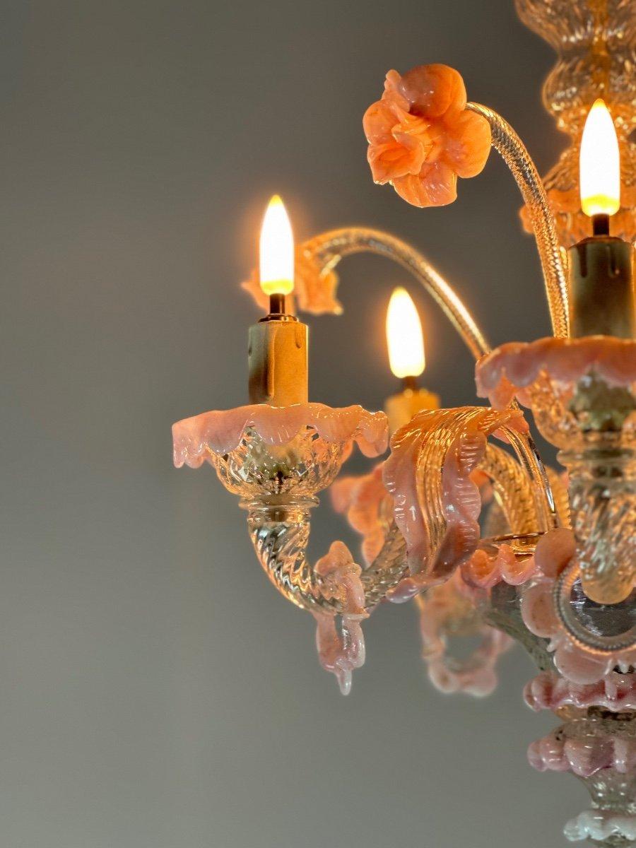 Small Venetian Chandelier In Colorless And Pink Murano Glass 5 Arms 1920 For Sale 3