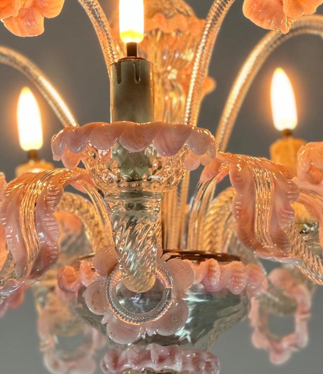 Small Venetian Chandelier In Colorless And Pink Murano Glass 5 Arms 1920 For Sale 4