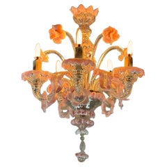 Small Venetian Chandelier In Colorless And Pink Murano Glass 5 Arms 1920