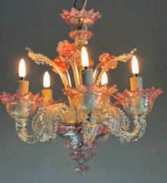 Small Venetian chandelier in colourless and red Murano glass, circa 1950