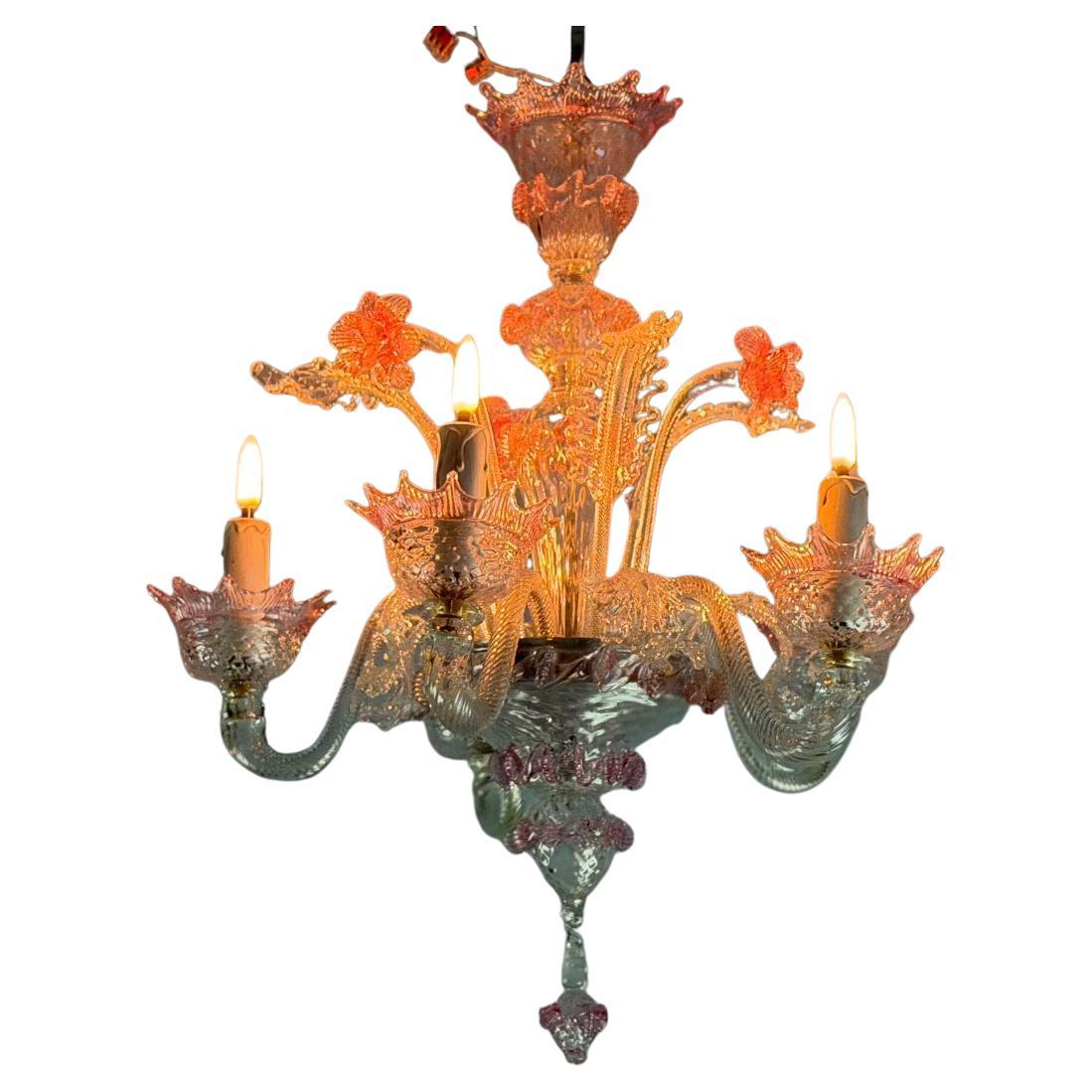 Small Venetian chandelier in colourless and red Murano glass, circa 1950