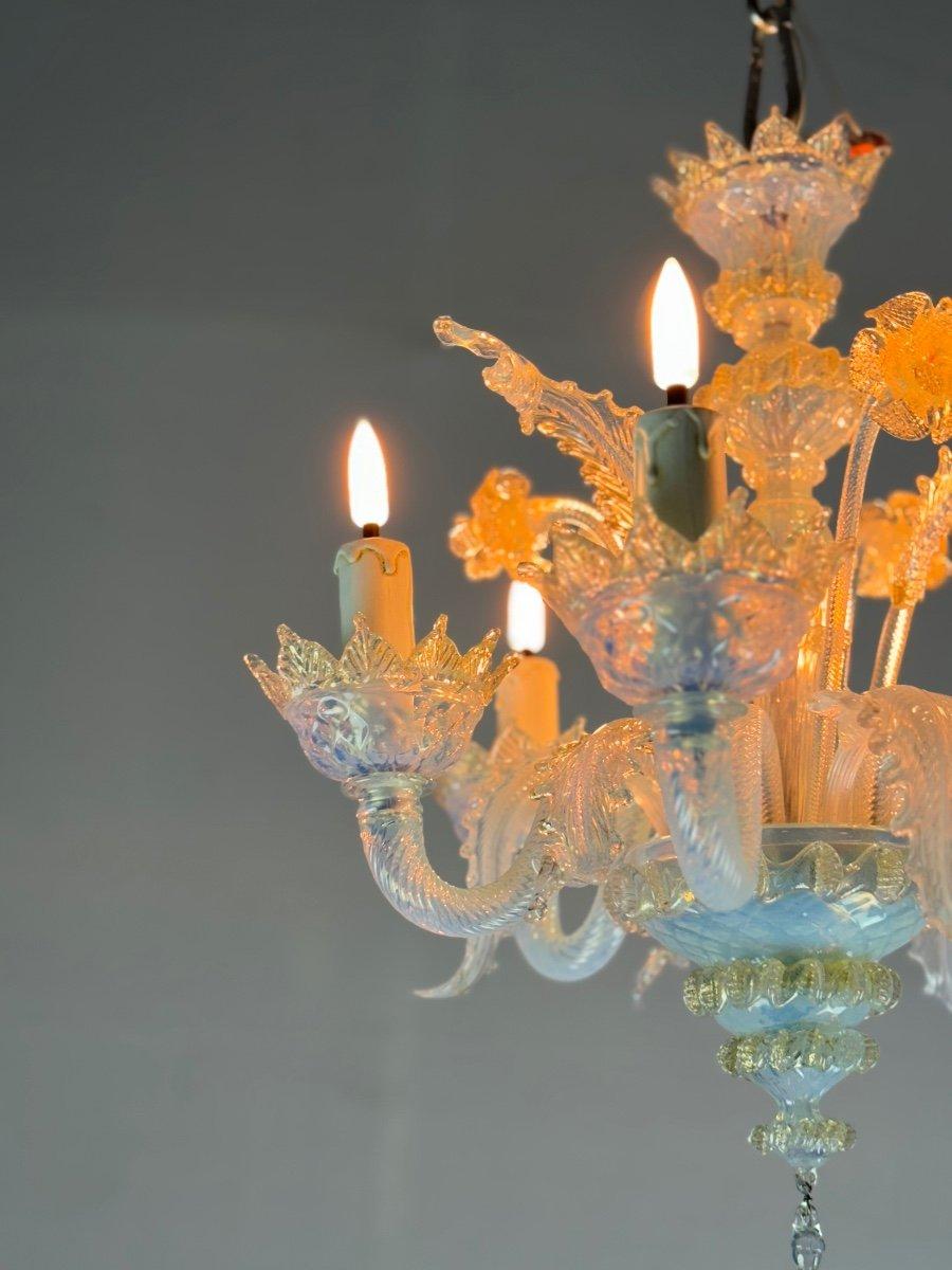 Louis XV Small Venetian Chandelier In Opalescent Blue And Gold Murano Glass For Sale