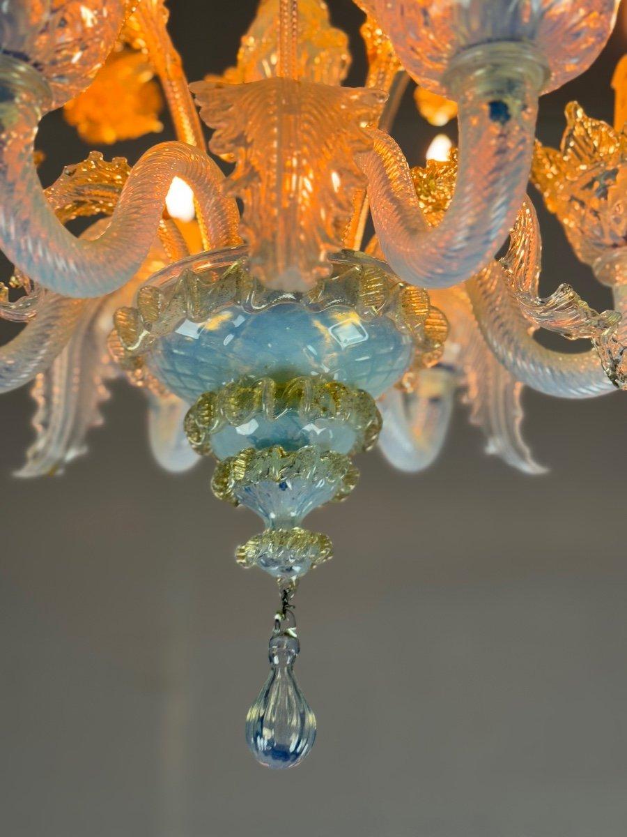 Metal Small Venetian Chandelier In Opalescent Blue And Gold Murano Glass For Sale