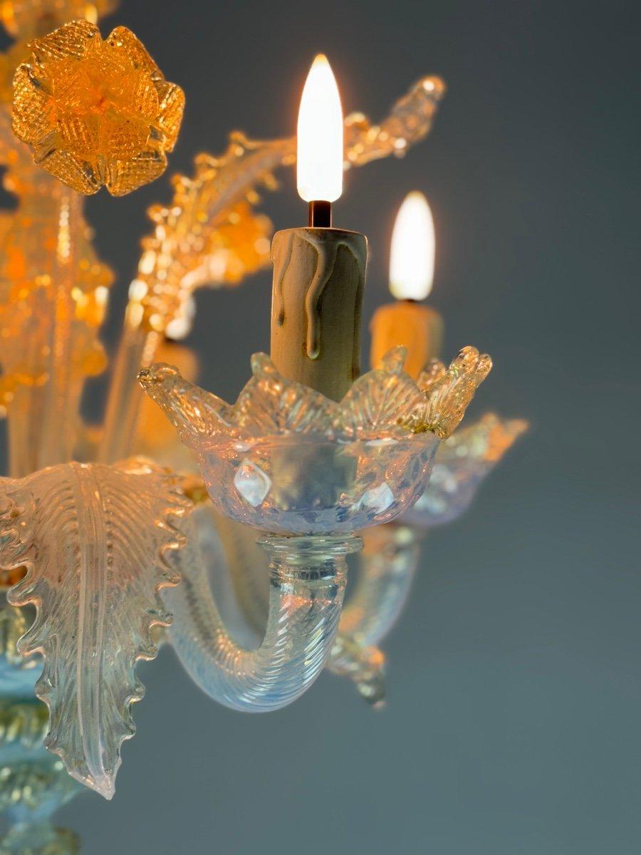 Small Venetian Chandelier In Opalescent Blue And Gold Murano Glass For Sale 1