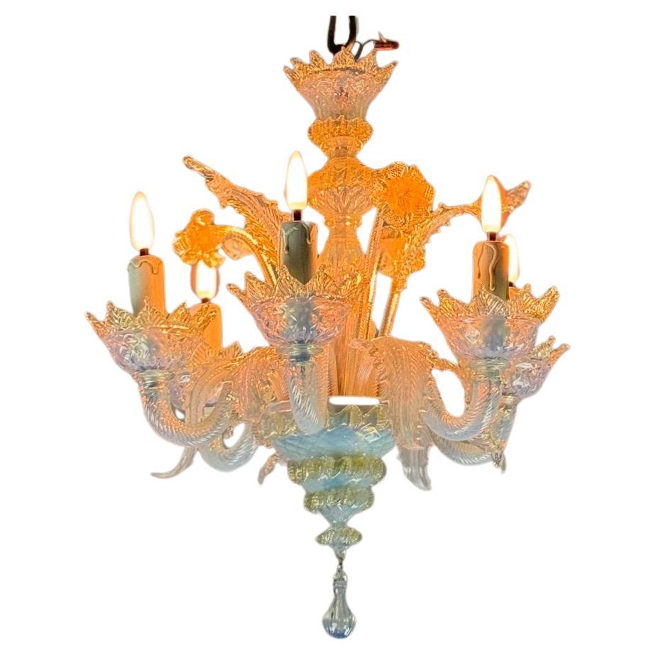 Small Venetian Chandelier In Opalescent Blue And Gold Murano Glass
