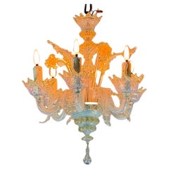 Small Venetian Chandelier In Opalescent Blue And Gold Murano Glass