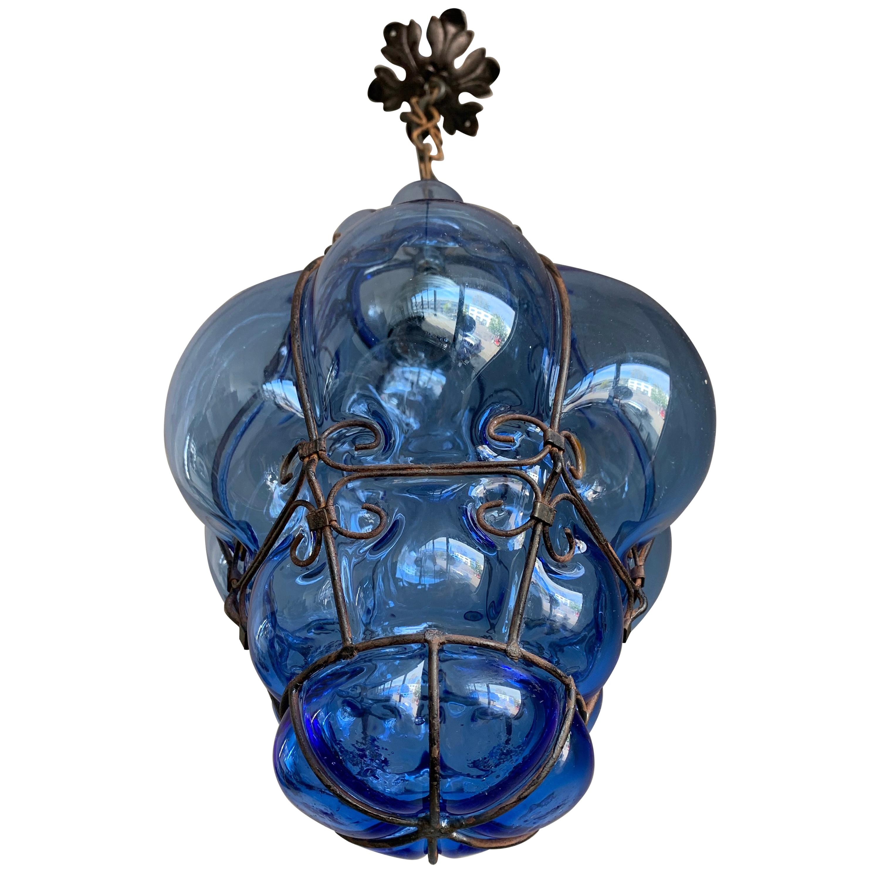 Small Venetian Murano Pendant Light with Mouth Blown Blue Colored Glass in Frame