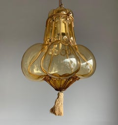 Small Venetian Murano Pendant Light with Mouthblown Amber Colored Glass in Frame