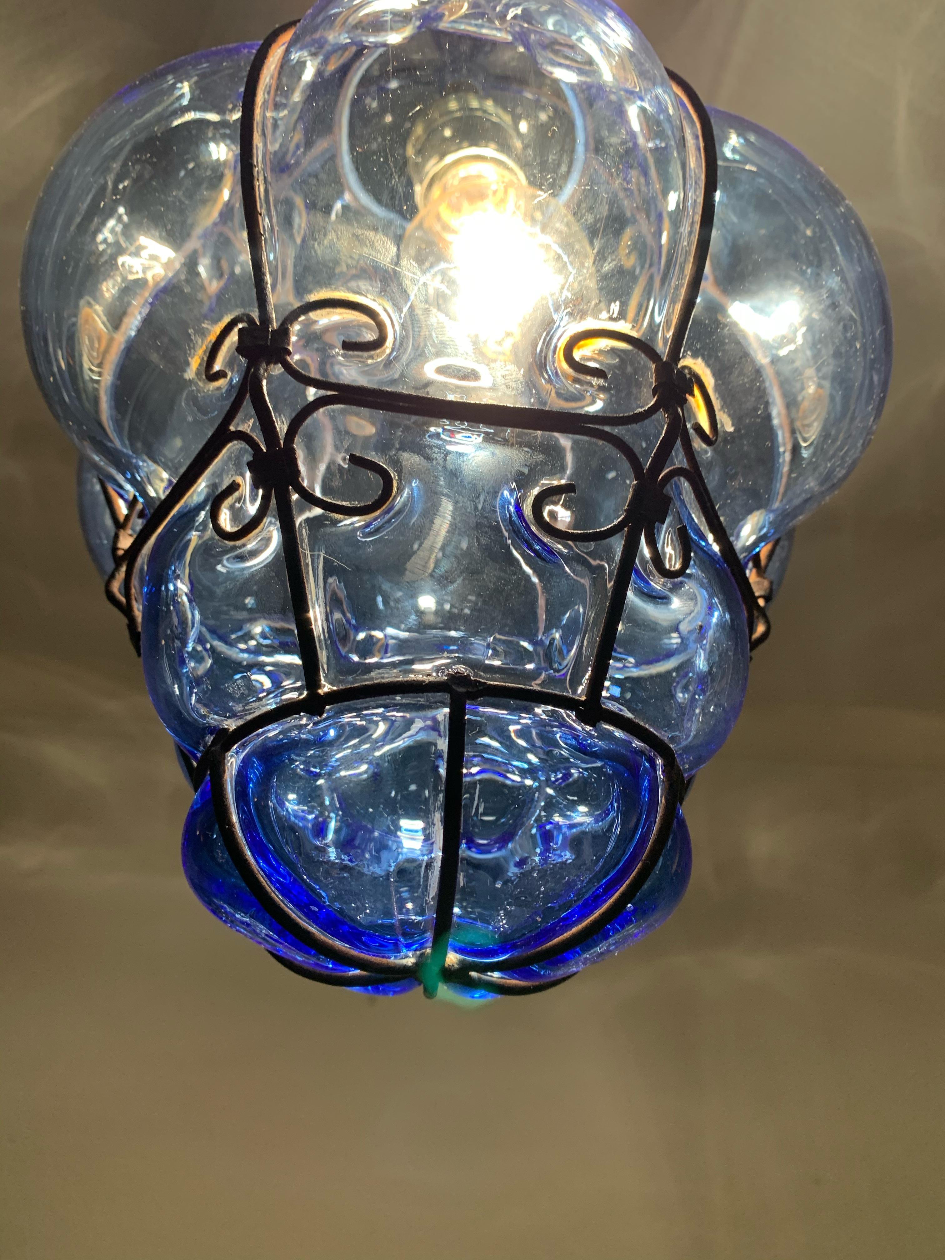 Small Venetian Murano Pendant Light with Mouth Blown Blue Colored Glass in Frame 2