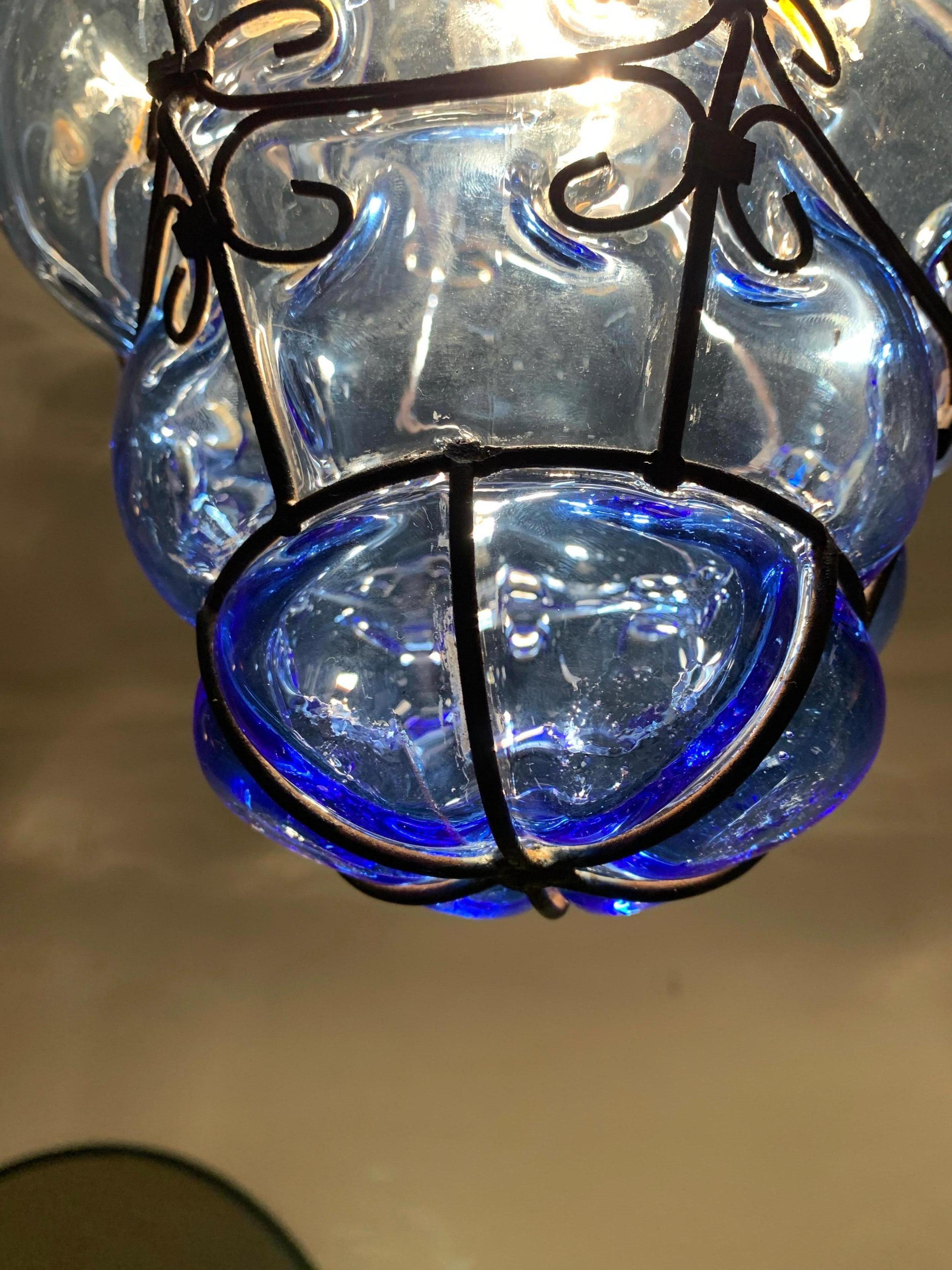 Small Venetian Murano Pendant Light with Mouth Blown Blue Colored Glass in Frame 3