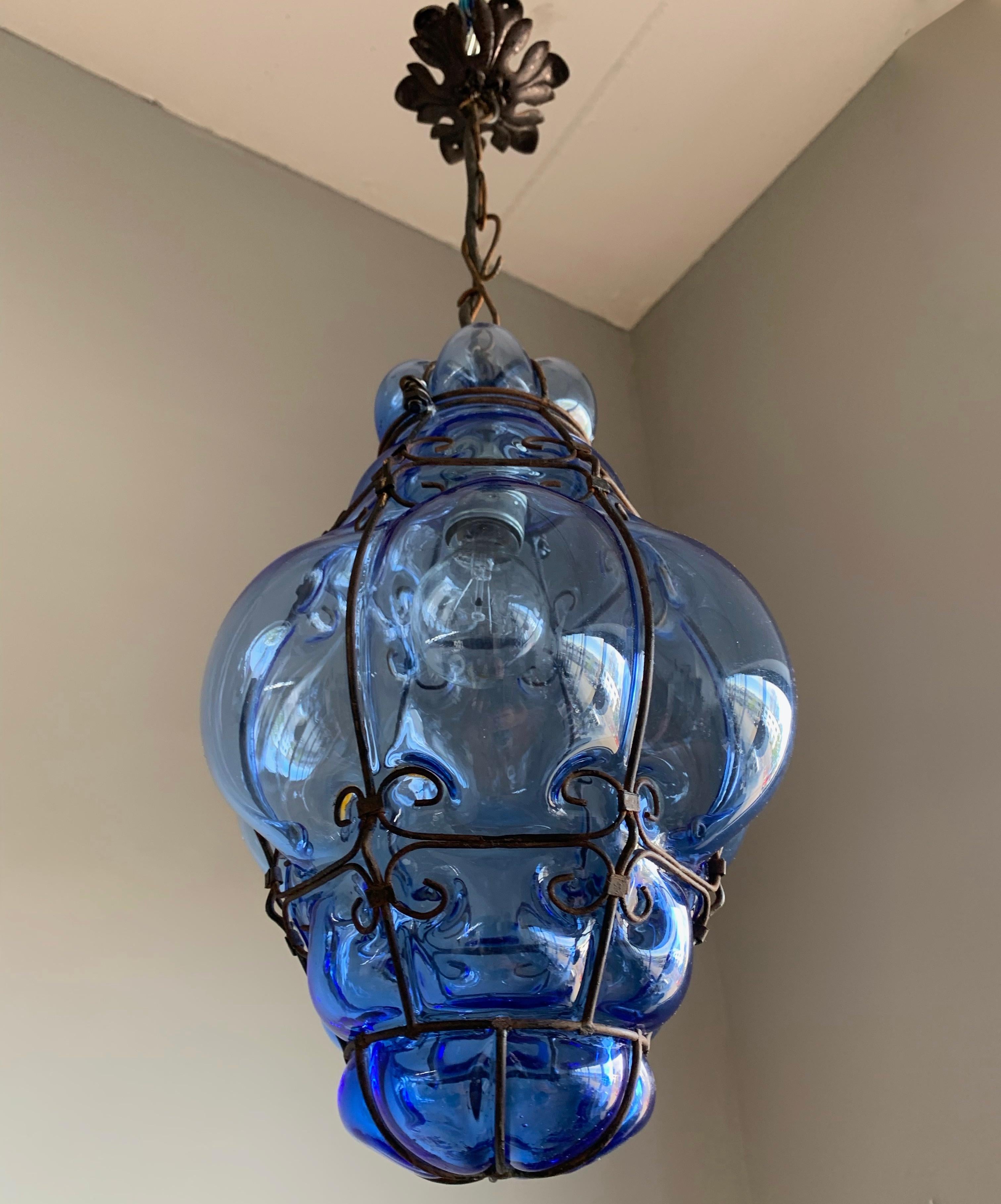 Small Venetian Murano Pendant Light with Mouth Blown Blue Colored Glass in Frame 4