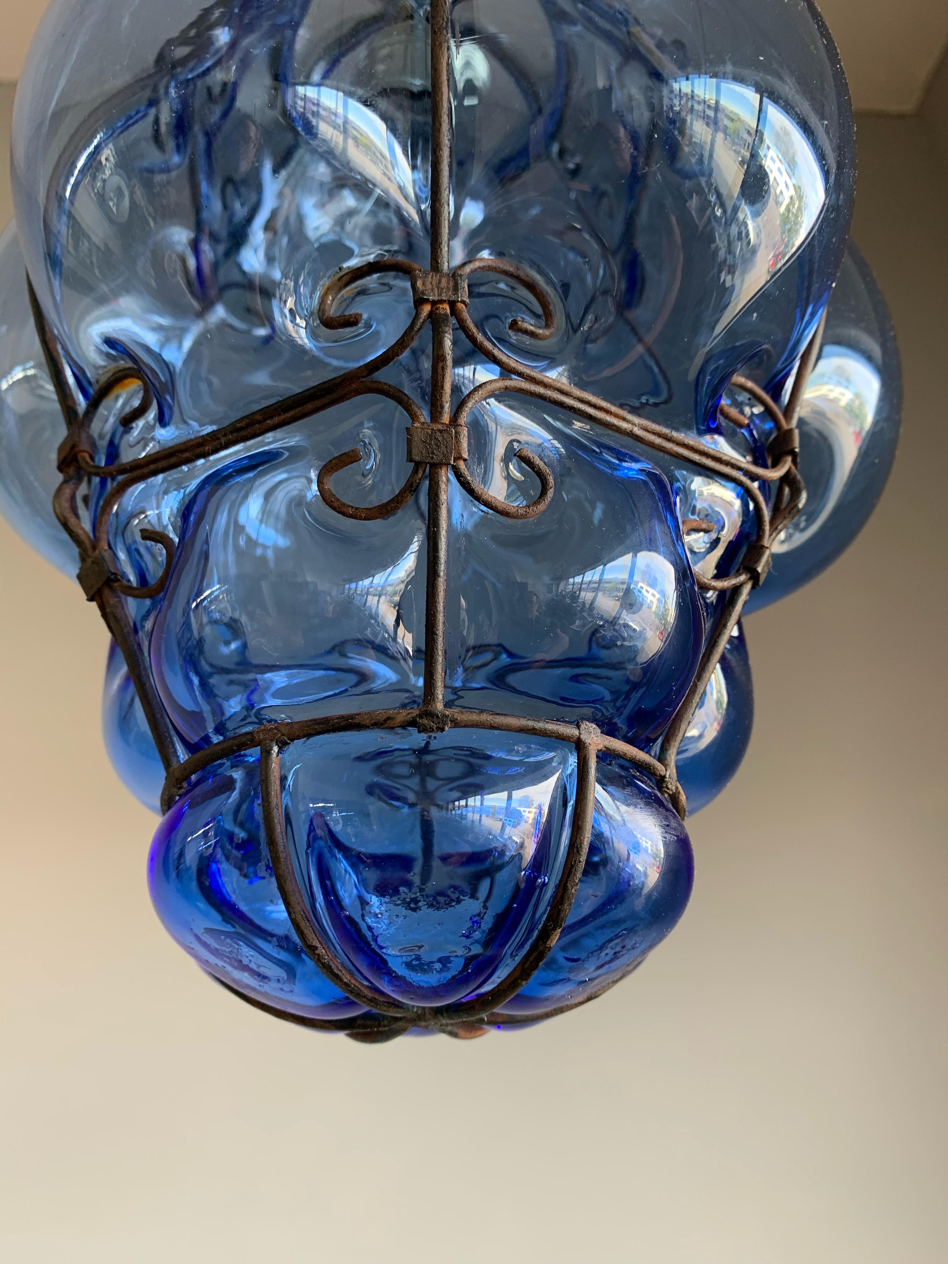 Small Venetian Murano Pendant Light with Mouth Blown Blue Colored Glass in Frame 5