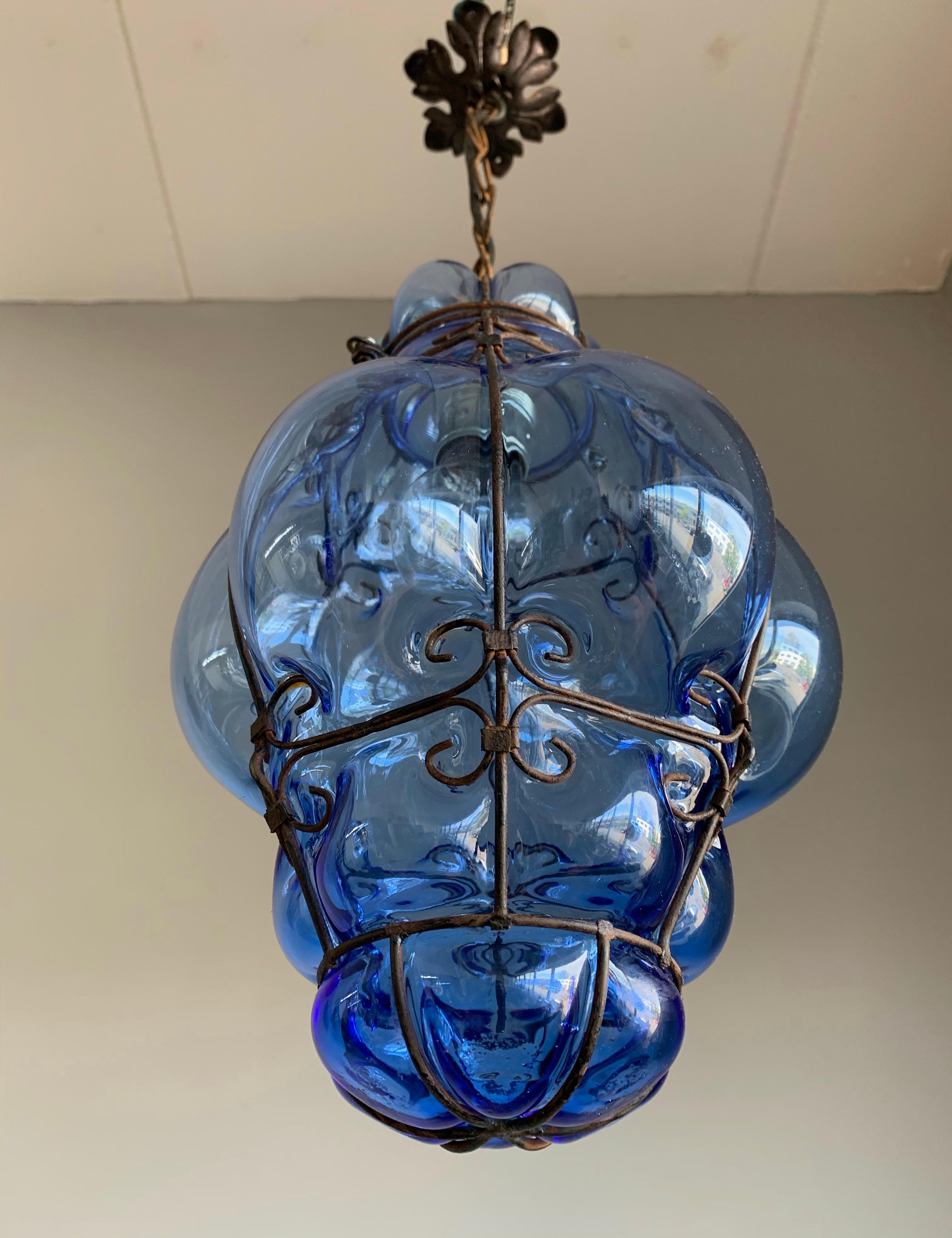 Small Venetian Murano Pendant Light with Mouth Blown Blue Colored Glass in Frame 10