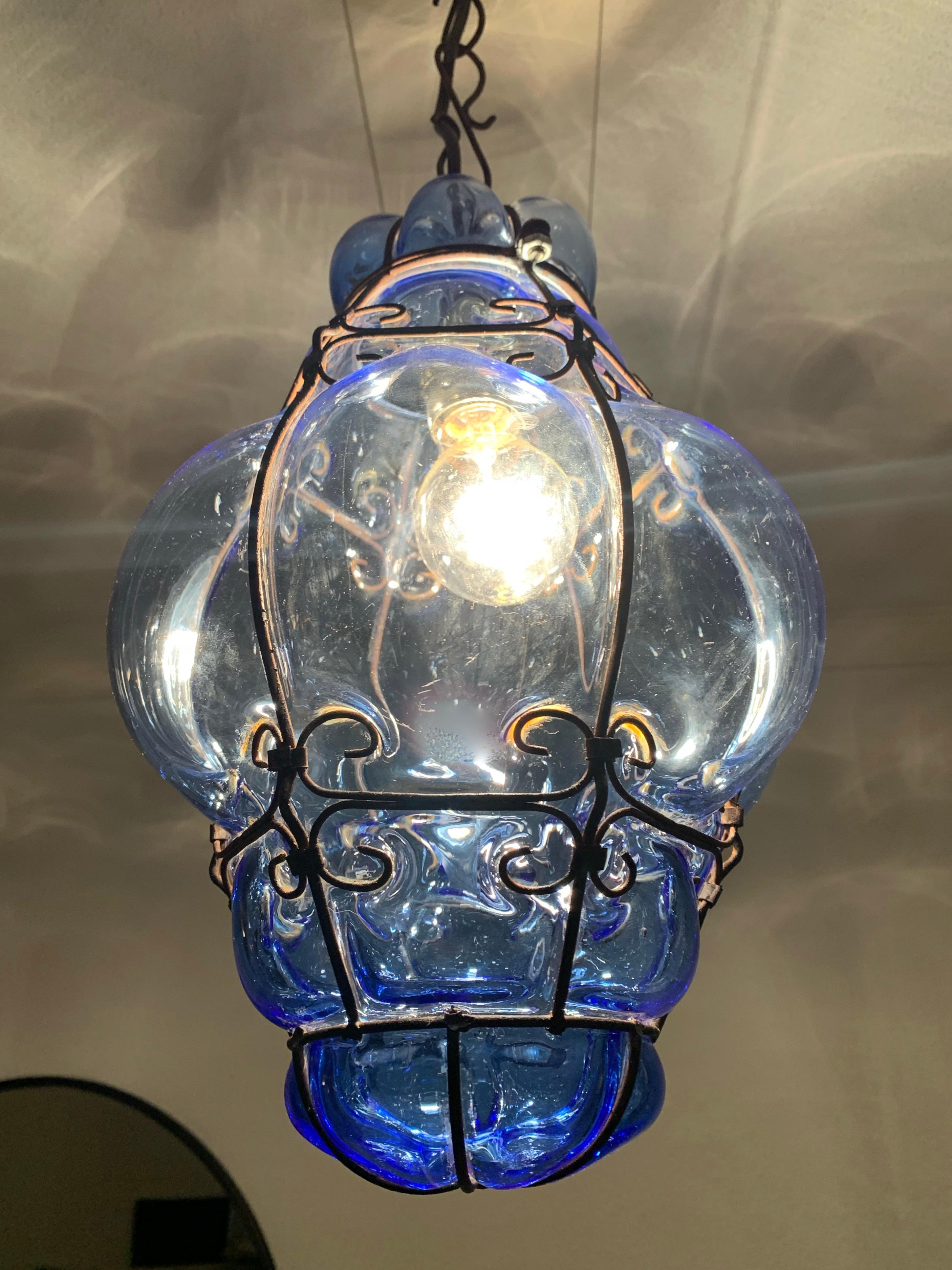 Small Venetian Murano Pendant Light with Mouth Blown Blue Colored Glass in Frame 11