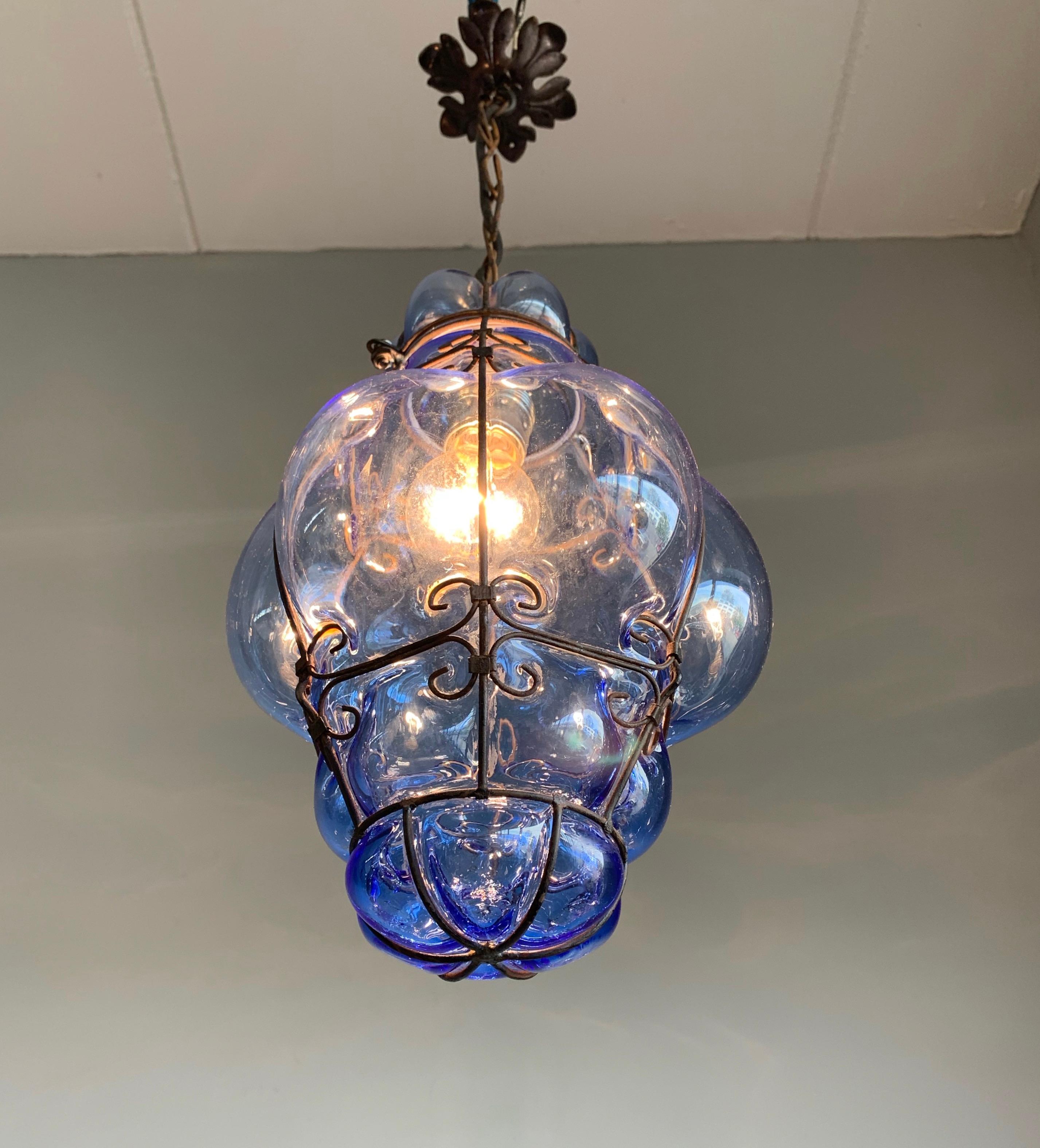 Italian Small Venetian Murano Pendant Light with Mouth Blown Blue Colored Glass in Frame