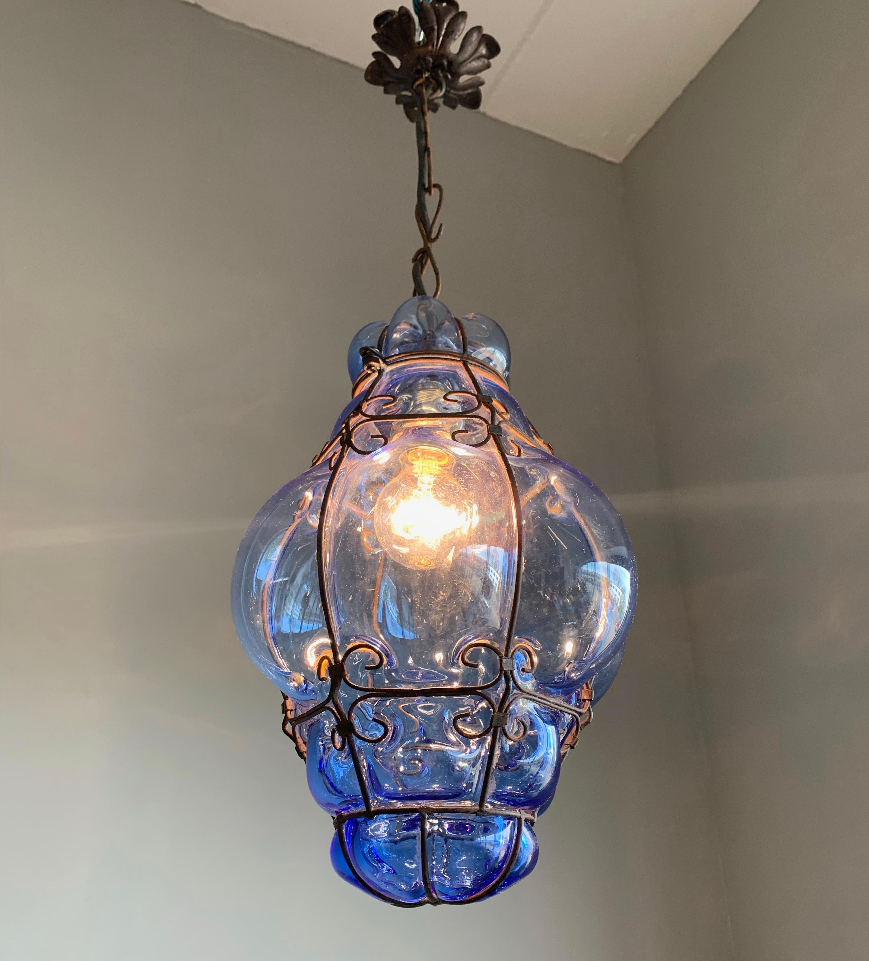 Hand-Painted Small Venetian Murano Pendant Light with Mouth Blown Blue Colored Glass in Frame