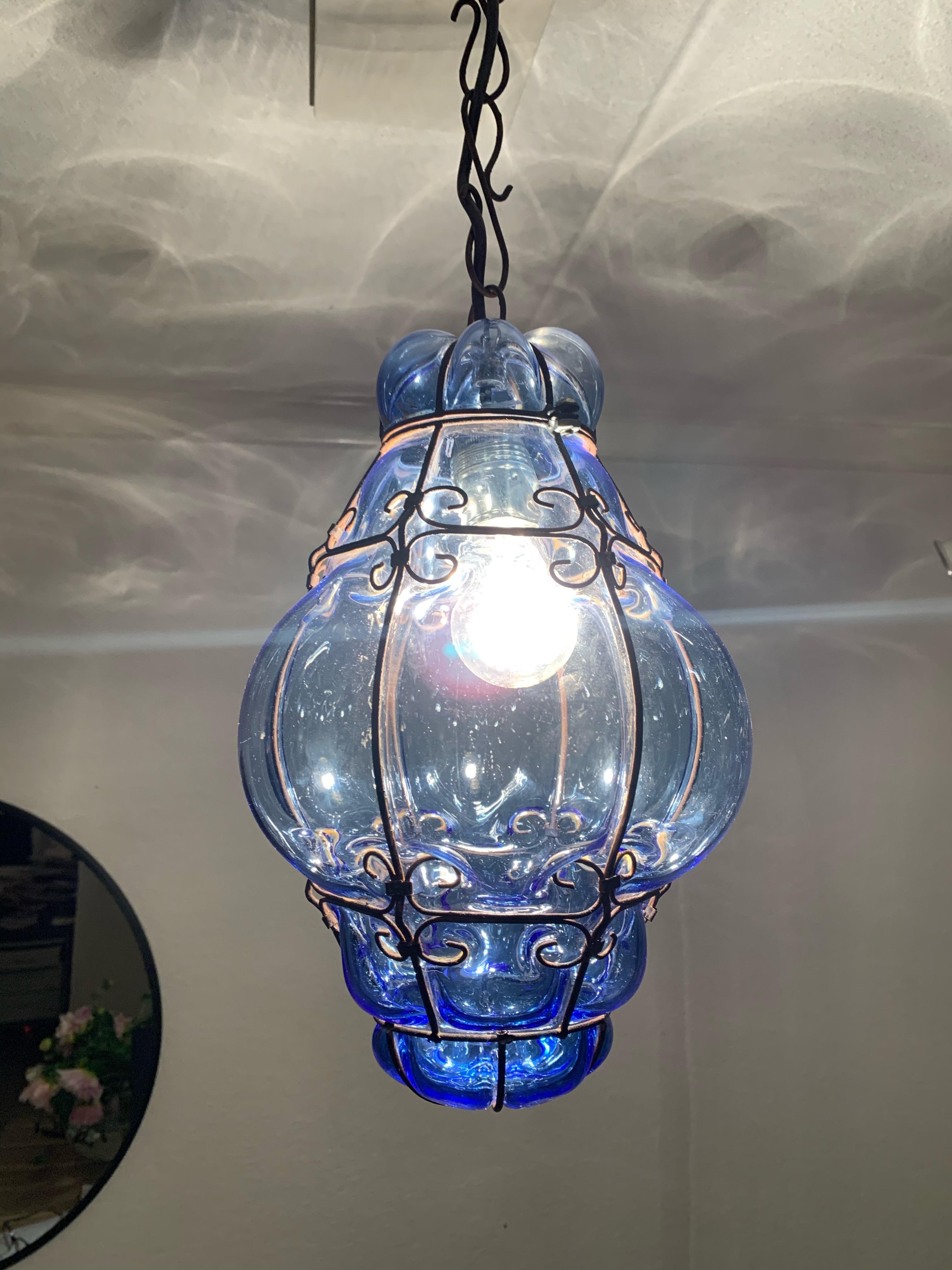 Small Venetian Murano Pendant Light with Mouth Blown Blue Colored Glass in Frame 1