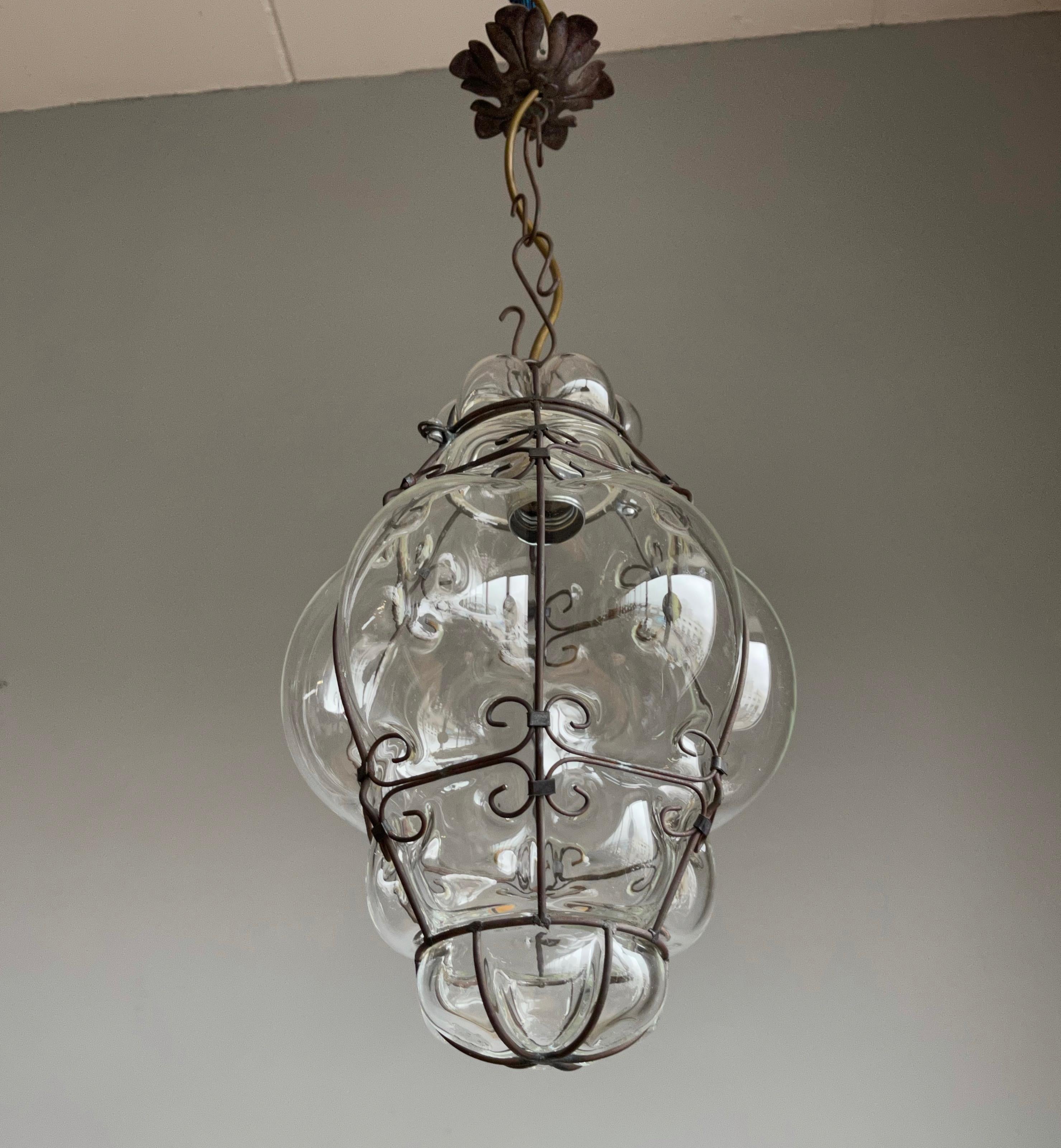 Small Venetian Murano Pendant Light with Mouthblown Clear Glass in Metal Frame 2