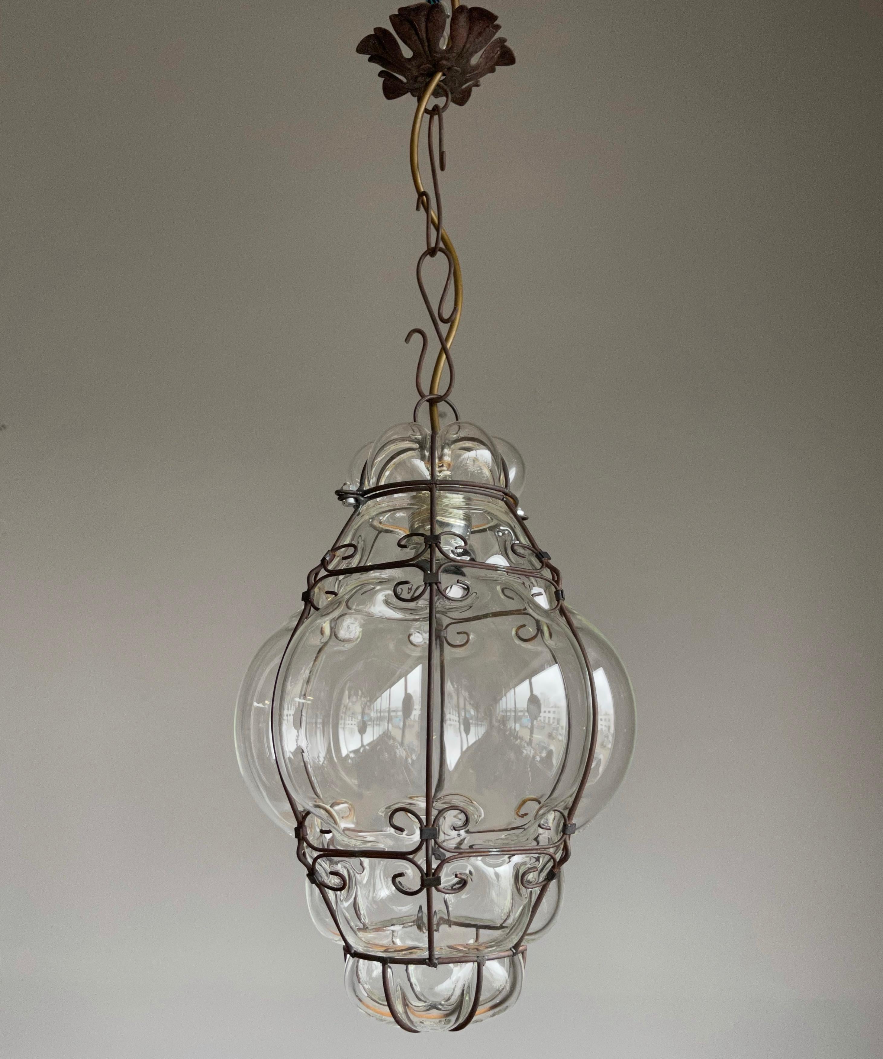 Small Venetian Murano Pendant Light with Mouthblown Clear Glass in Metal Frame 3