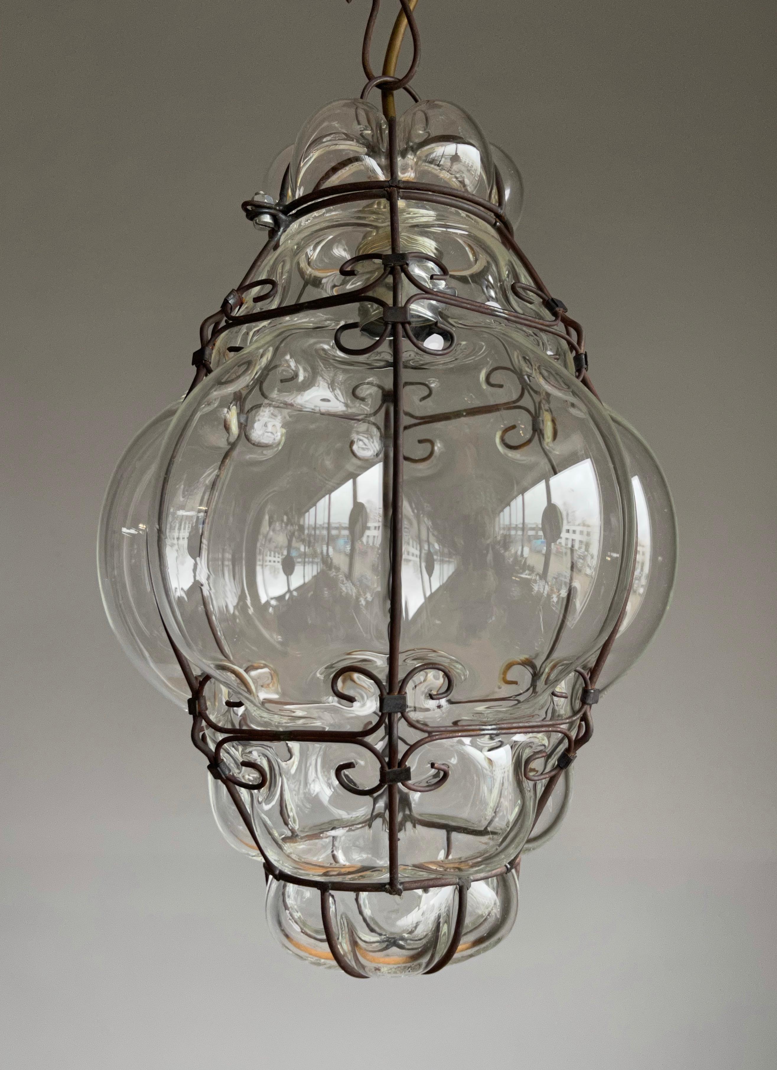 Small Venetian Murano Pendant Light with Mouthblown Clear Glass in Metal Frame 6