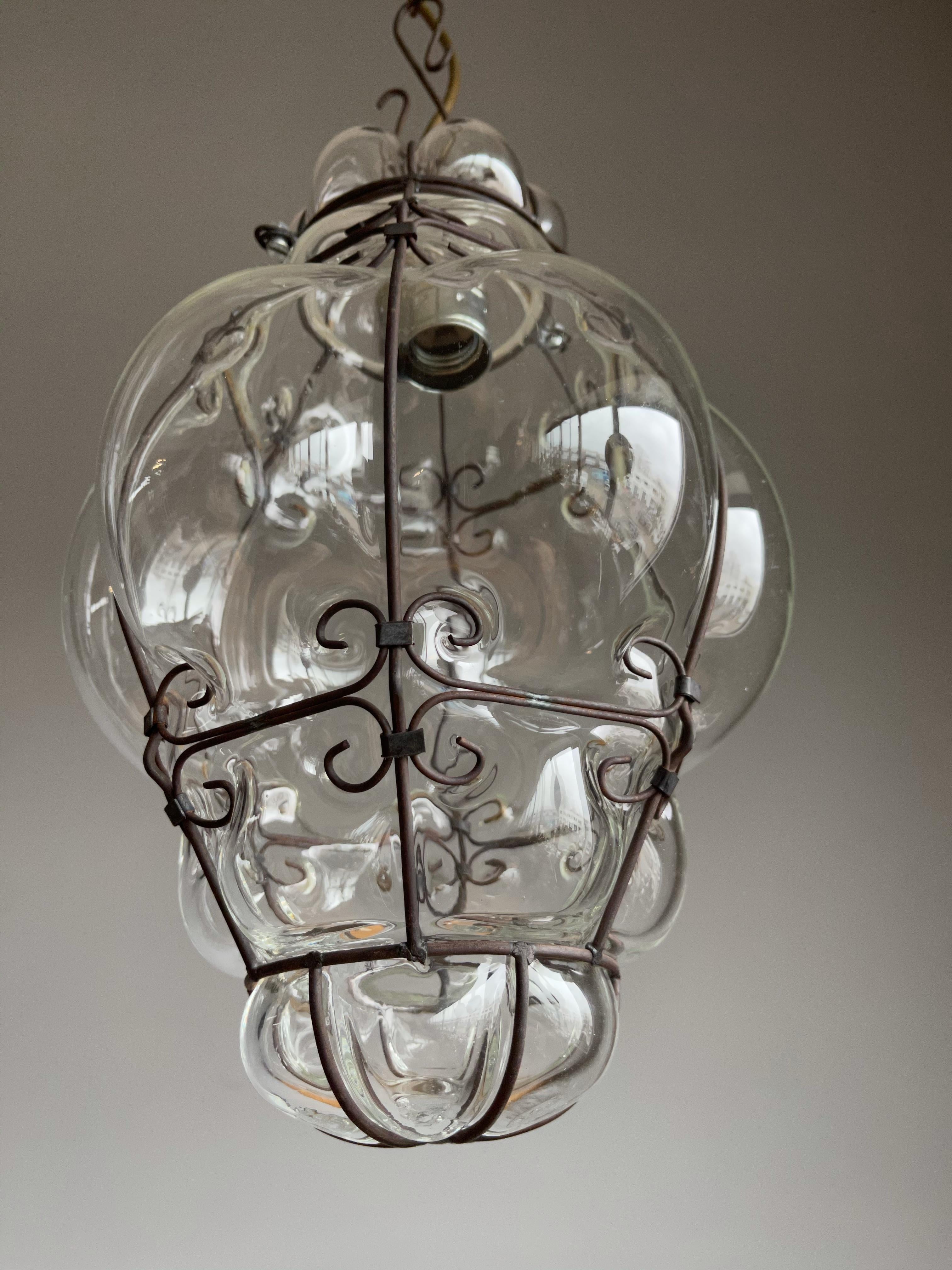 Small Venetian Murano Pendant Light with Mouthblown Clear Glass in Metal Frame 7