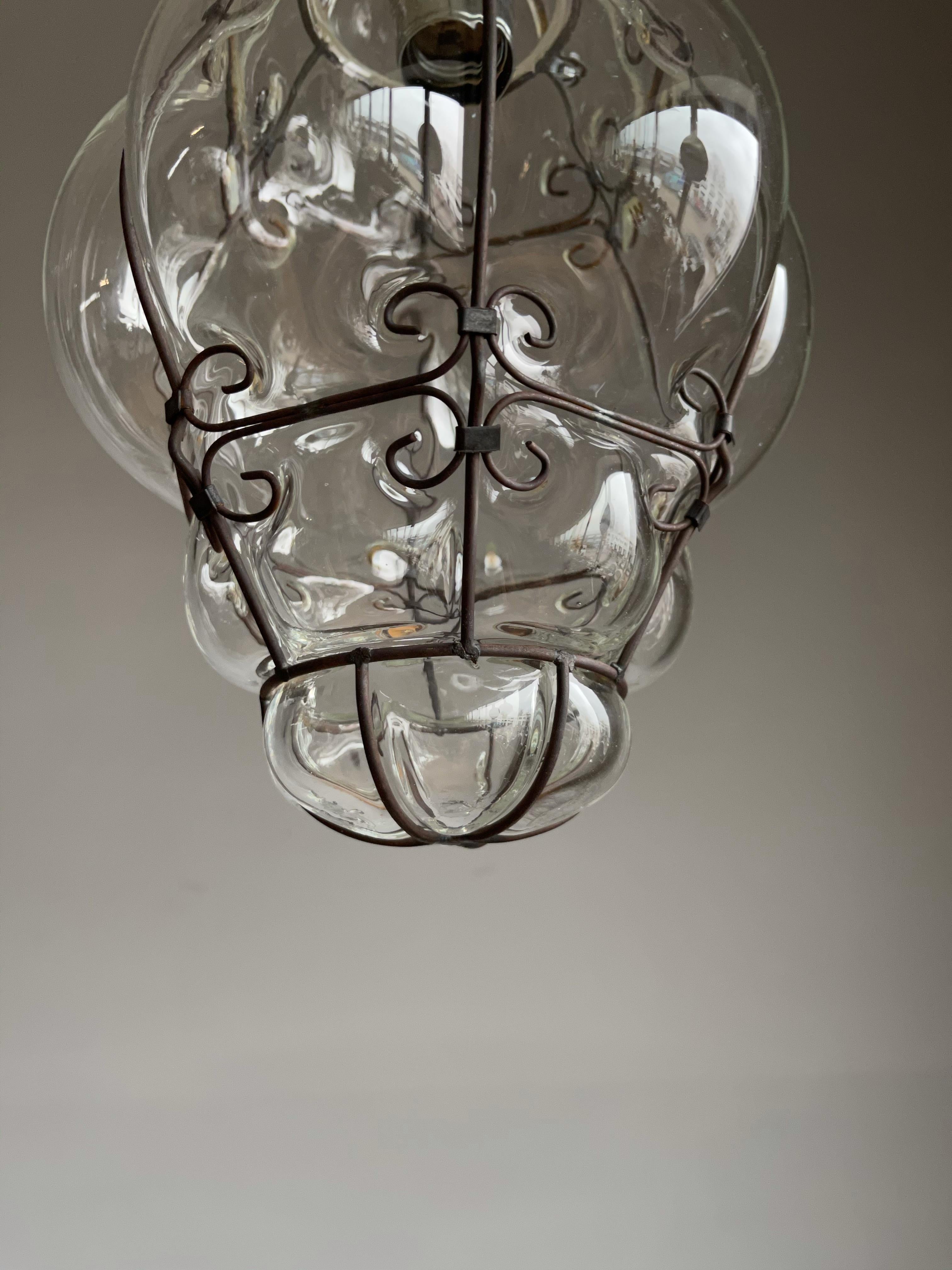Small Venetian Murano Pendant Light with Mouthblown Clear Glass in Metal Frame 8