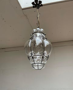 Small Venetian Murano Pendant Light with Mouthblown Clear Glass in Metal Frame