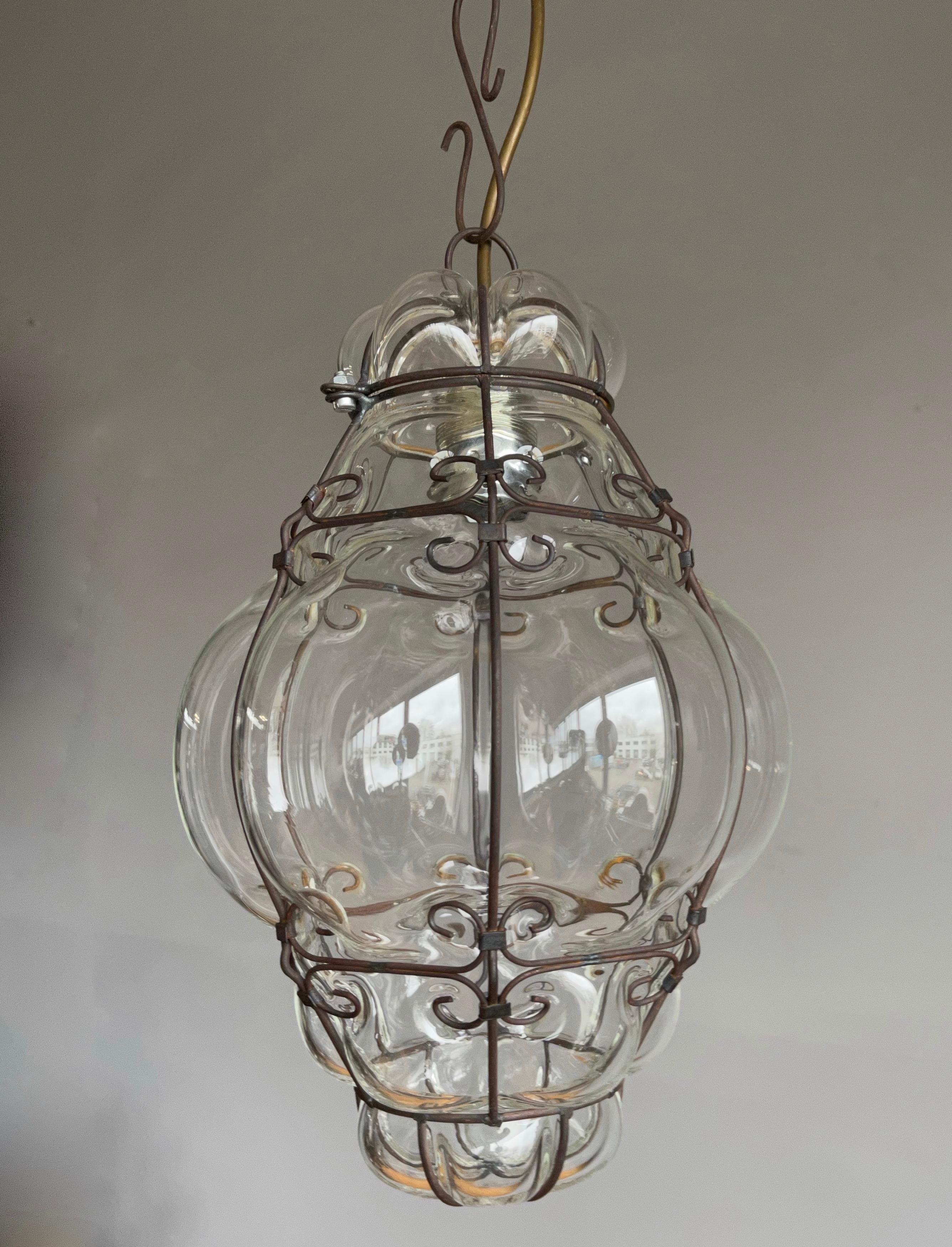 Mid-Century Modern Small Venetian Murano Pendant Light with Mouthblown Clear Glass in Metal Frame