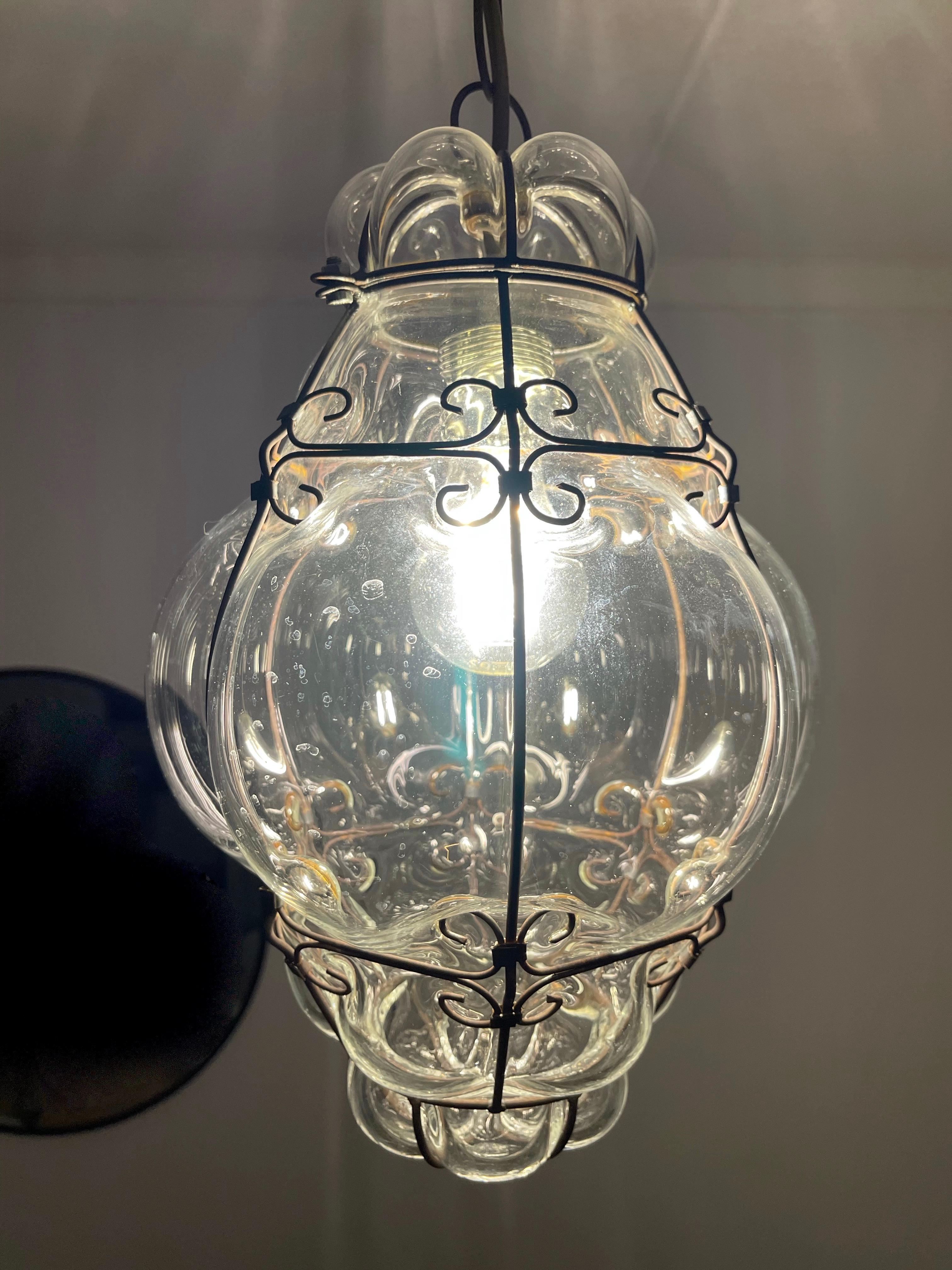 20th Century Small Venetian Murano Pendant Light with Mouthblown Clear Glass in Metal Frame