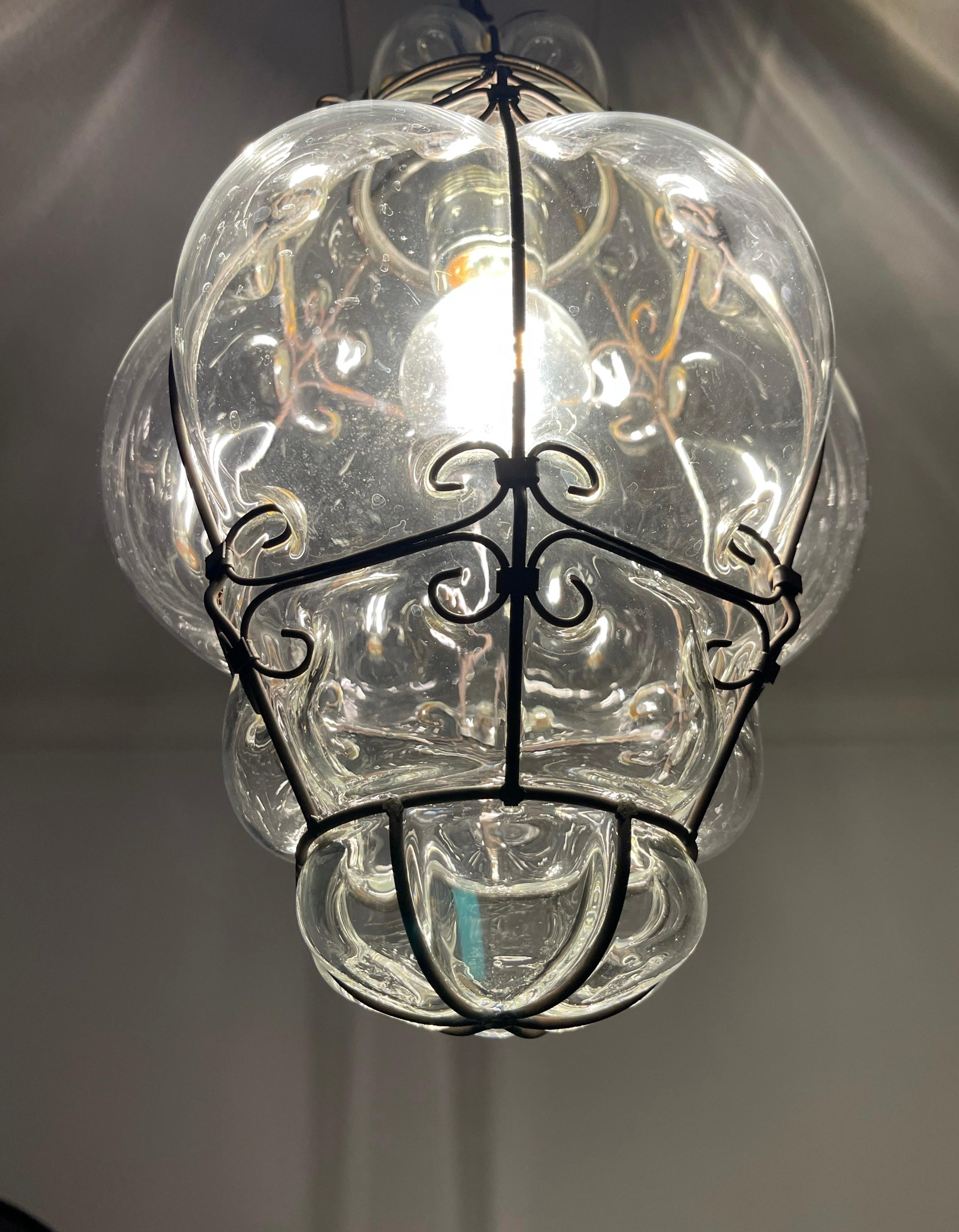 Blown Glass Small Venetian Murano Pendant Light with Mouthblown Clear Glass in Metal Frame