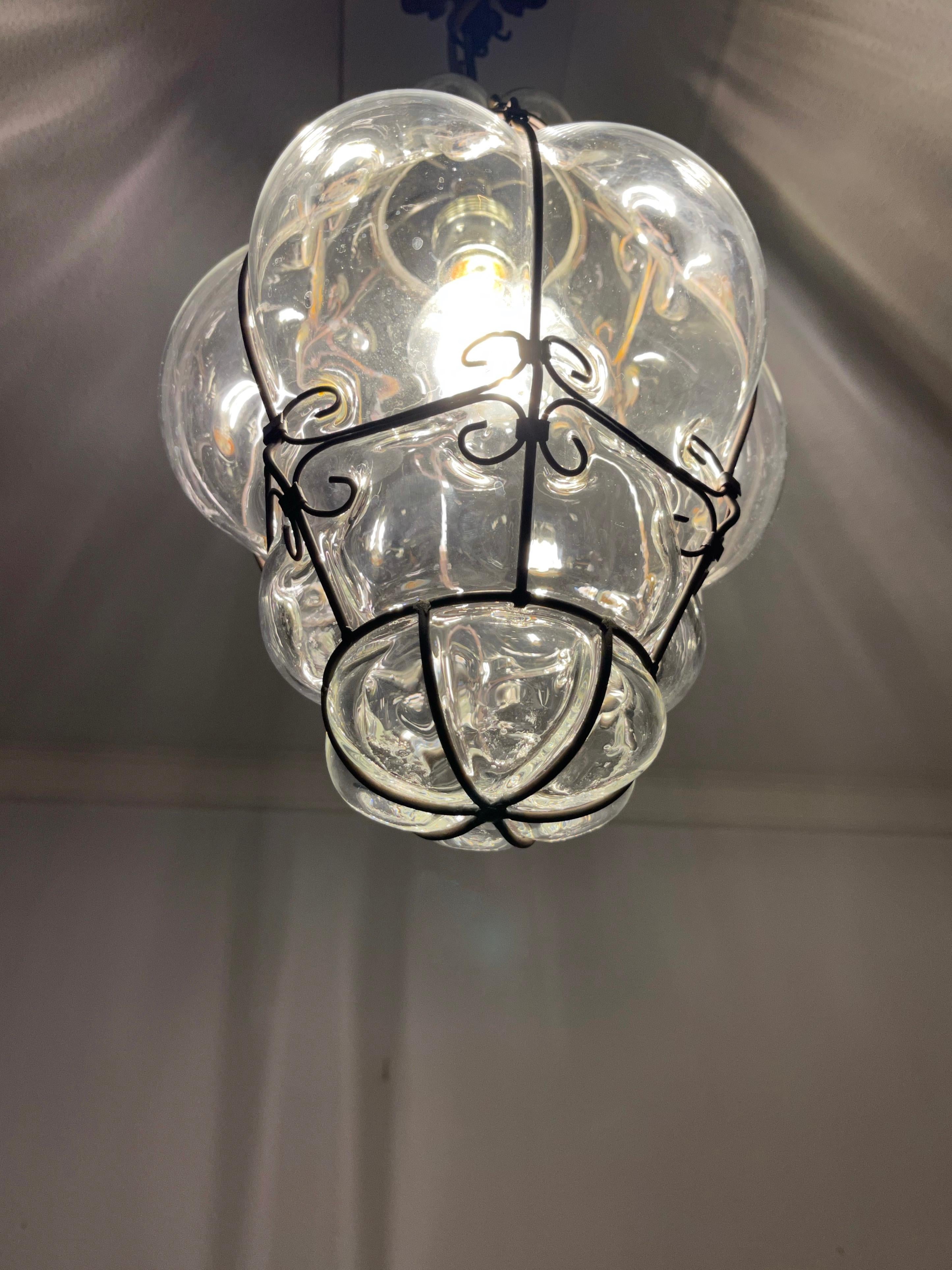 Small Venetian Murano Pendant Light with Mouthblown Clear Glass in Metal Frame 1