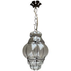 Small Venetian Murano Pendant Light with Mouthblown Clear Glass in Metal Frame